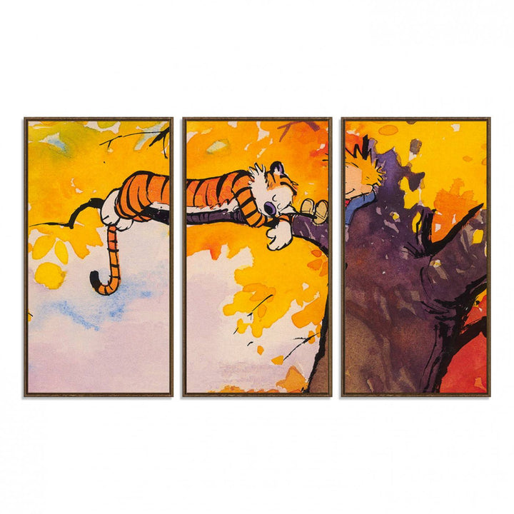 A wall art featuring a boy and a tiger amidst autumn leaves, reminiscent of the Calvin and Hobbes Tree Scene Canvas Print, ideal for creating a playful atmosphere.