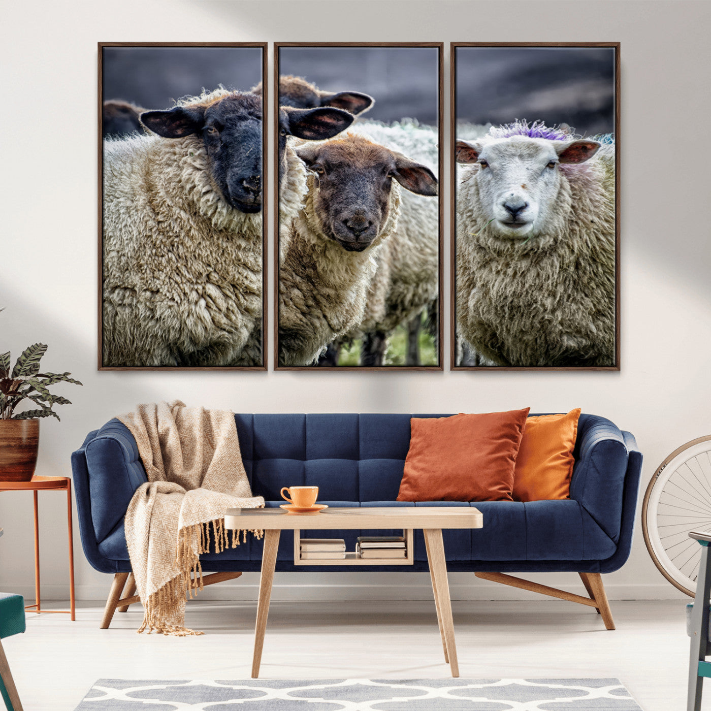 -Charming Sheep Portrait Wall Art – Trio of Woolly Companions Canvas Print, Framed, Ready to Hang