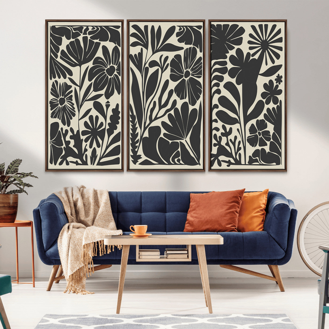 MGV-FC-48X32-3P - Modern Botanical Wall Art - Floral Black and White Canvas Print, Framed, Ready to Hang