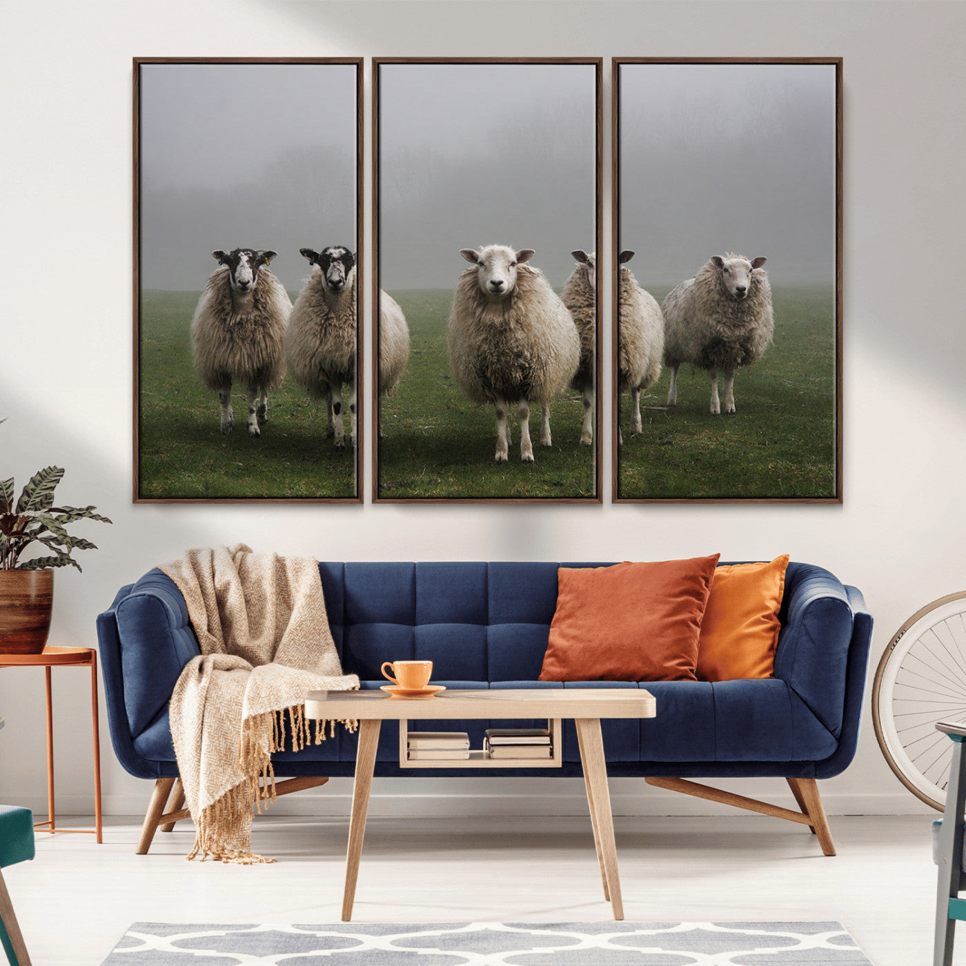 -Flock of Sheep in a Mystical Fog – Pastoral Wall Art Canvas Print, Framed, Ready to Hang