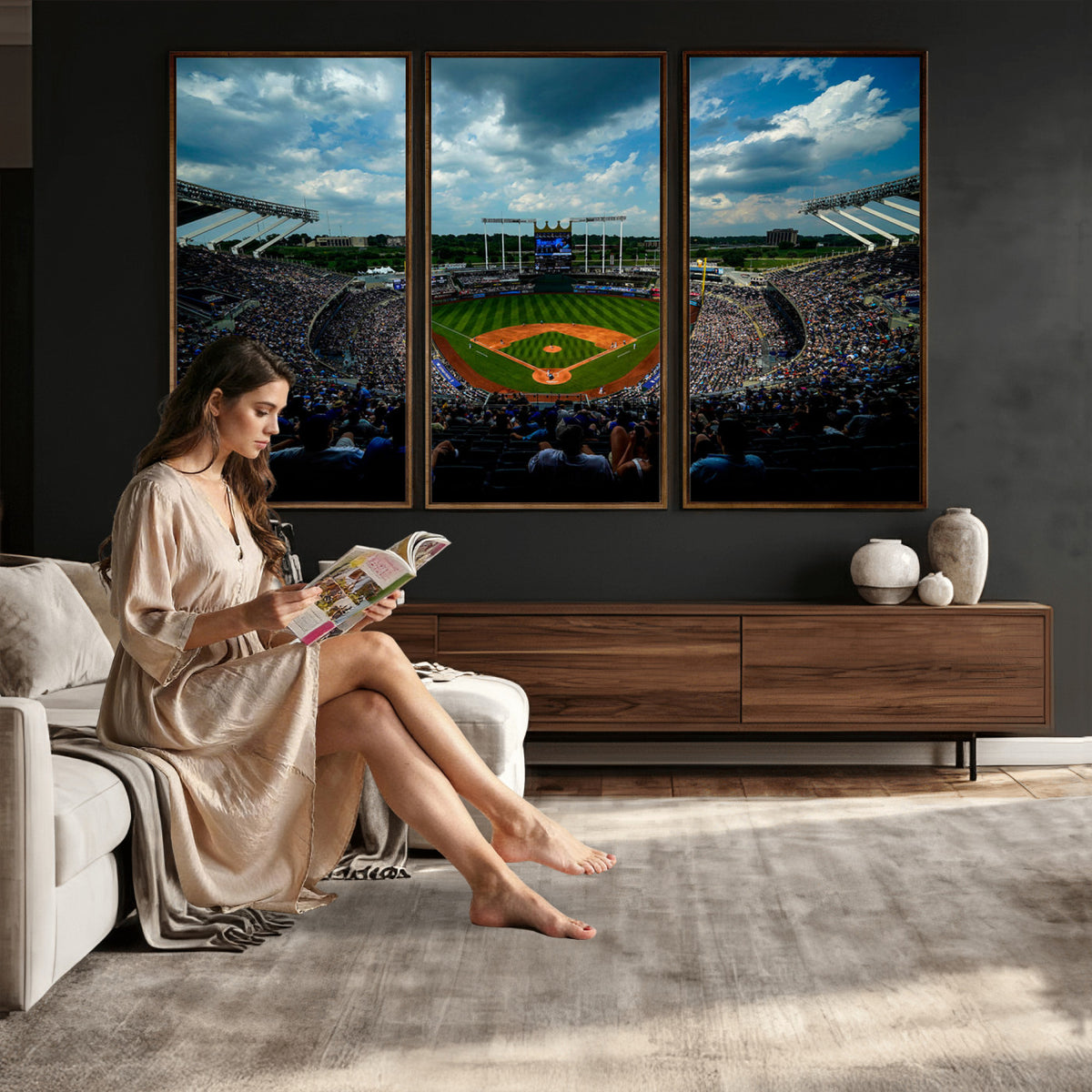 37127-MGV-CV-36X24 - 3-Panel Kauffman Stadium Wall Art Print | Large Kansas City Royals Baseball Canvas