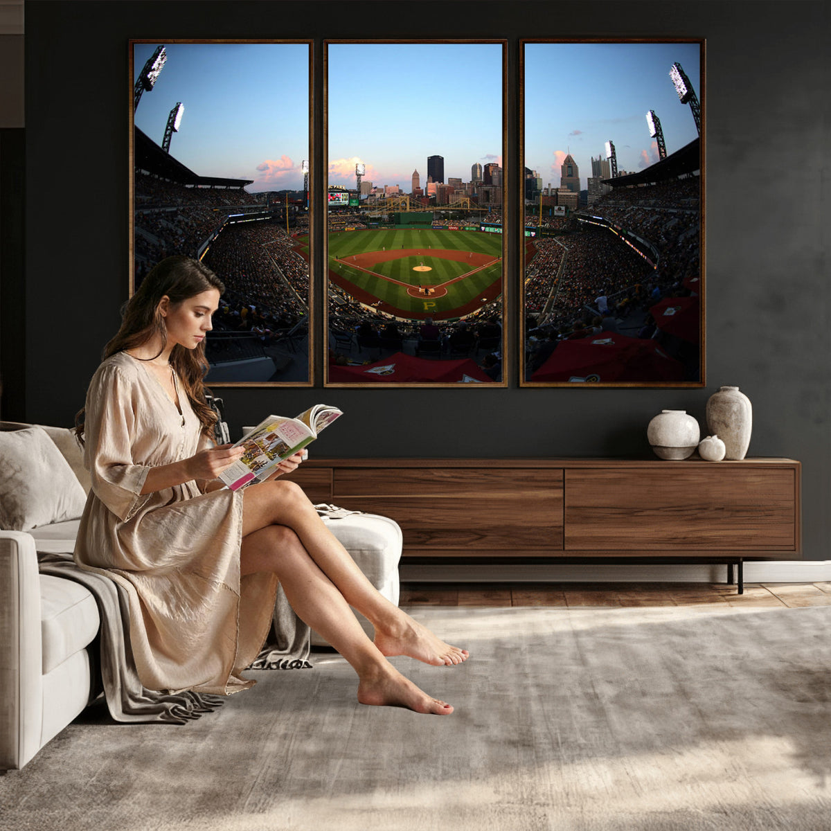 67670-MGV-CV-36X24 - PNC Park Evening Game Triple Canvas Wall Art | Pittsburgh Pirates MLB Stadium