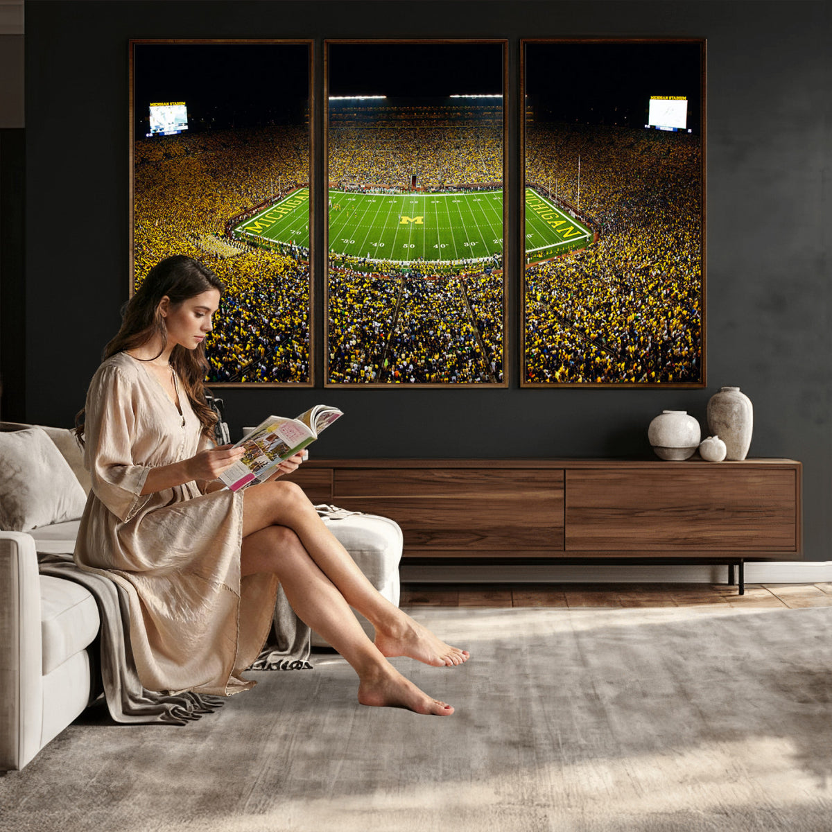 26166-MGV-CV-36X24 - Stadium in Michigan Wall Art Canvas Print, Framed American Football Stadium Art