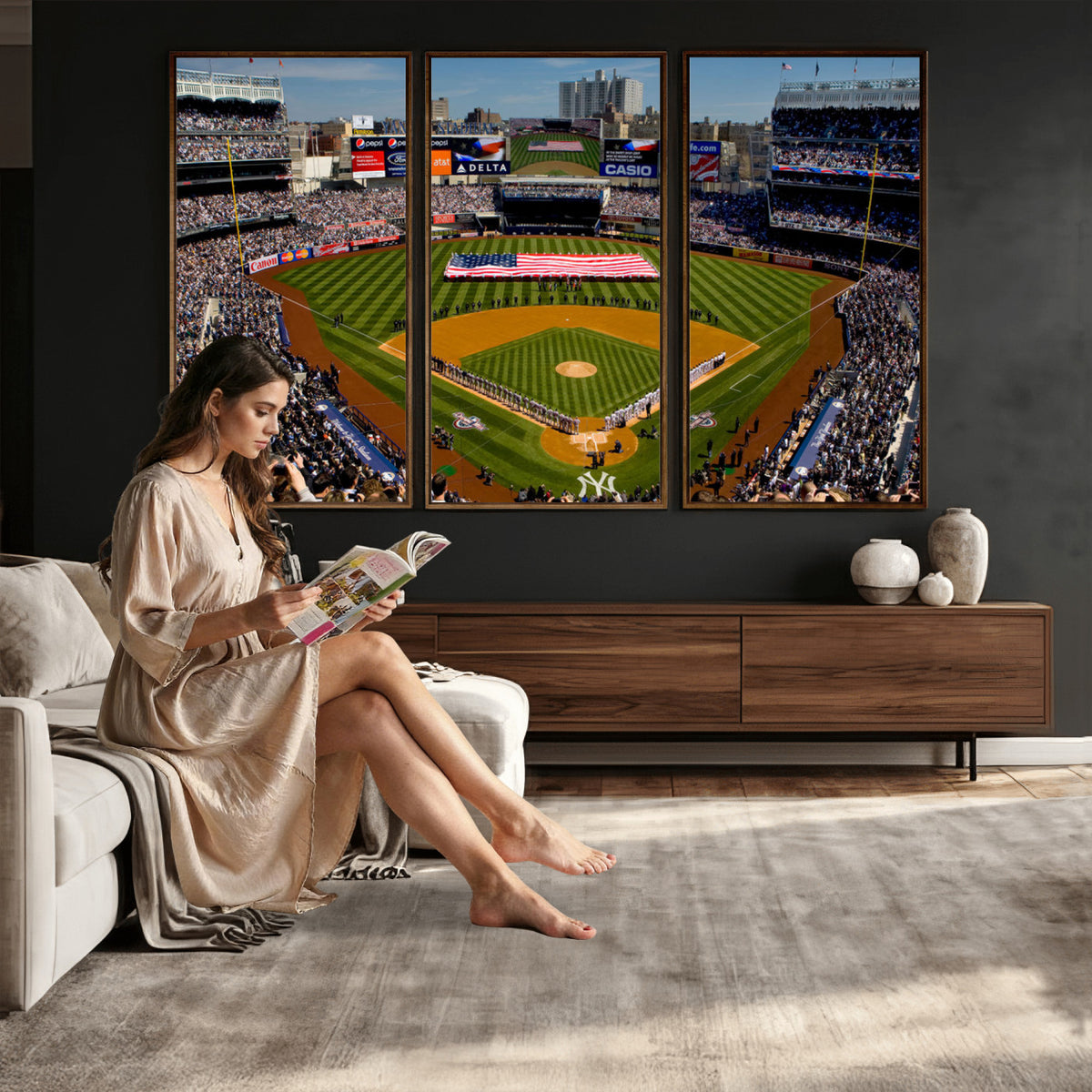 20879-MGV-CV-36X24 - Yankee Stadium New York Wall Art Print | 3-Panel Canvas Print of Yankees Baseball Stadium