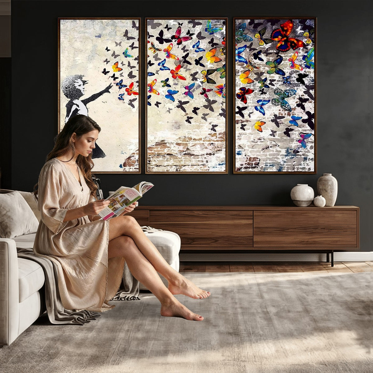 97895-MGV-CV-24X16 - Banksy Graffiti Wall Art Canvas Print, Girl Releasing Vibrant Butterflies