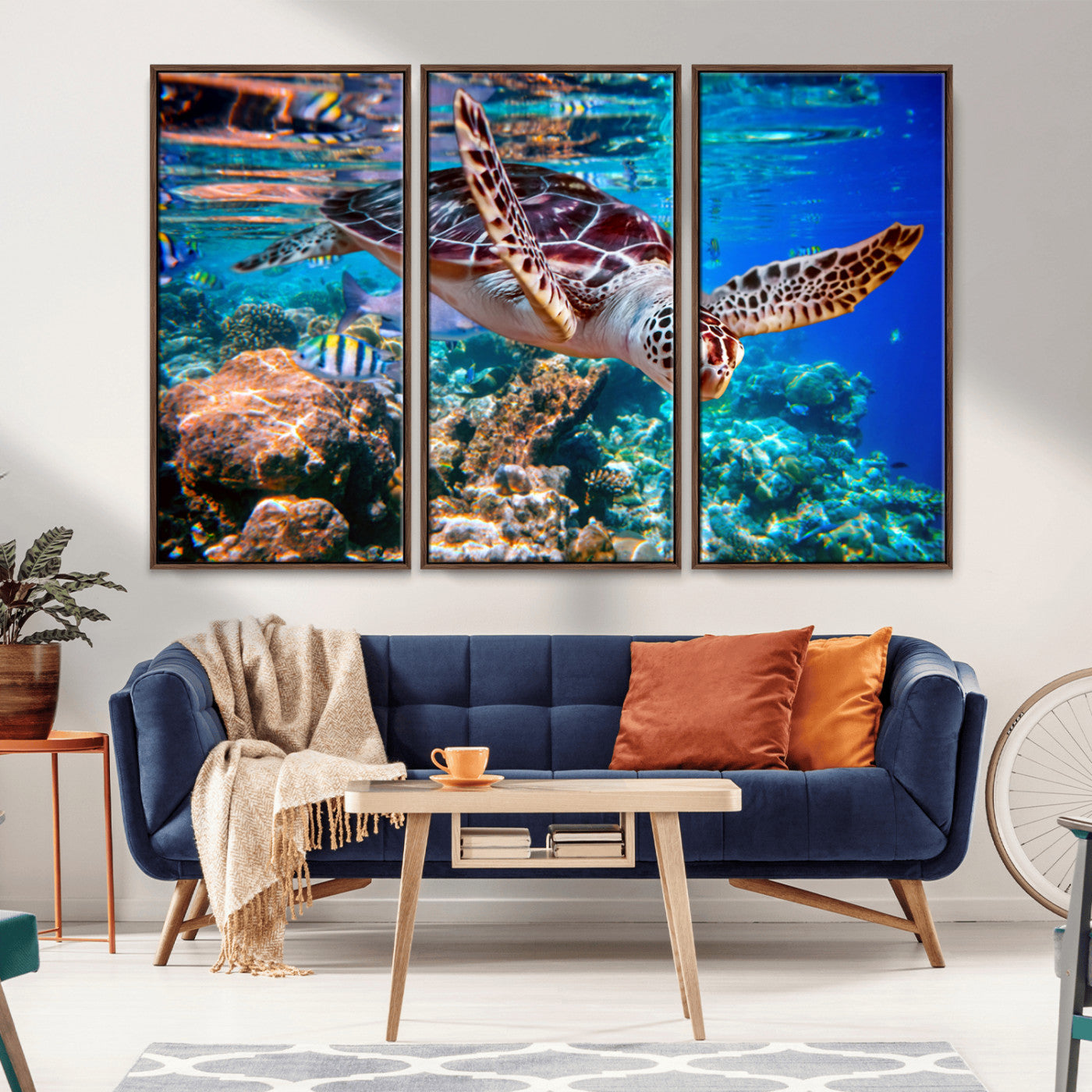 MGV-FC-48X32-3P - Underwater Coral Reef Sea Turtle Wall Art Canvas Print, Vibrant Marine Life | Colorful Ocean Scene