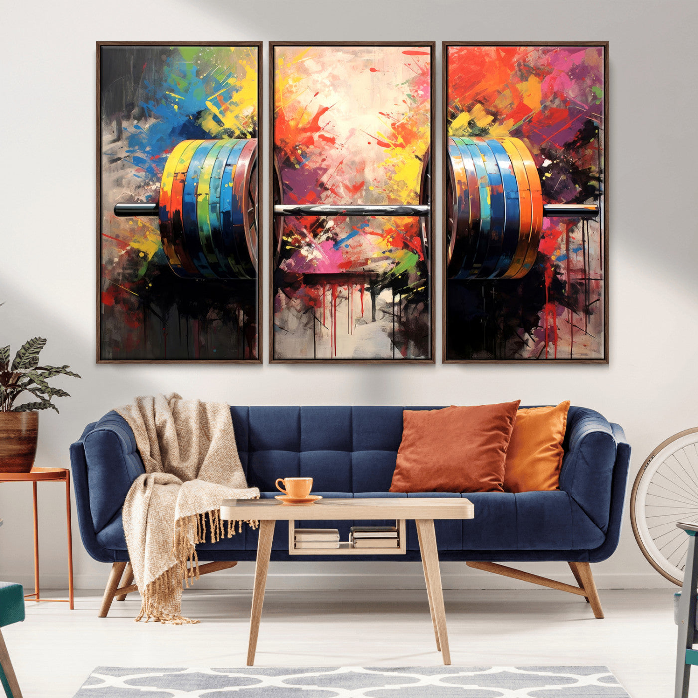 MGV-FC-48X32-3P - Weightlifting Barbell Art Triptych, Bold Abstract Fitness Wall Decor for Gym or Home, Giclee Canvas Print
