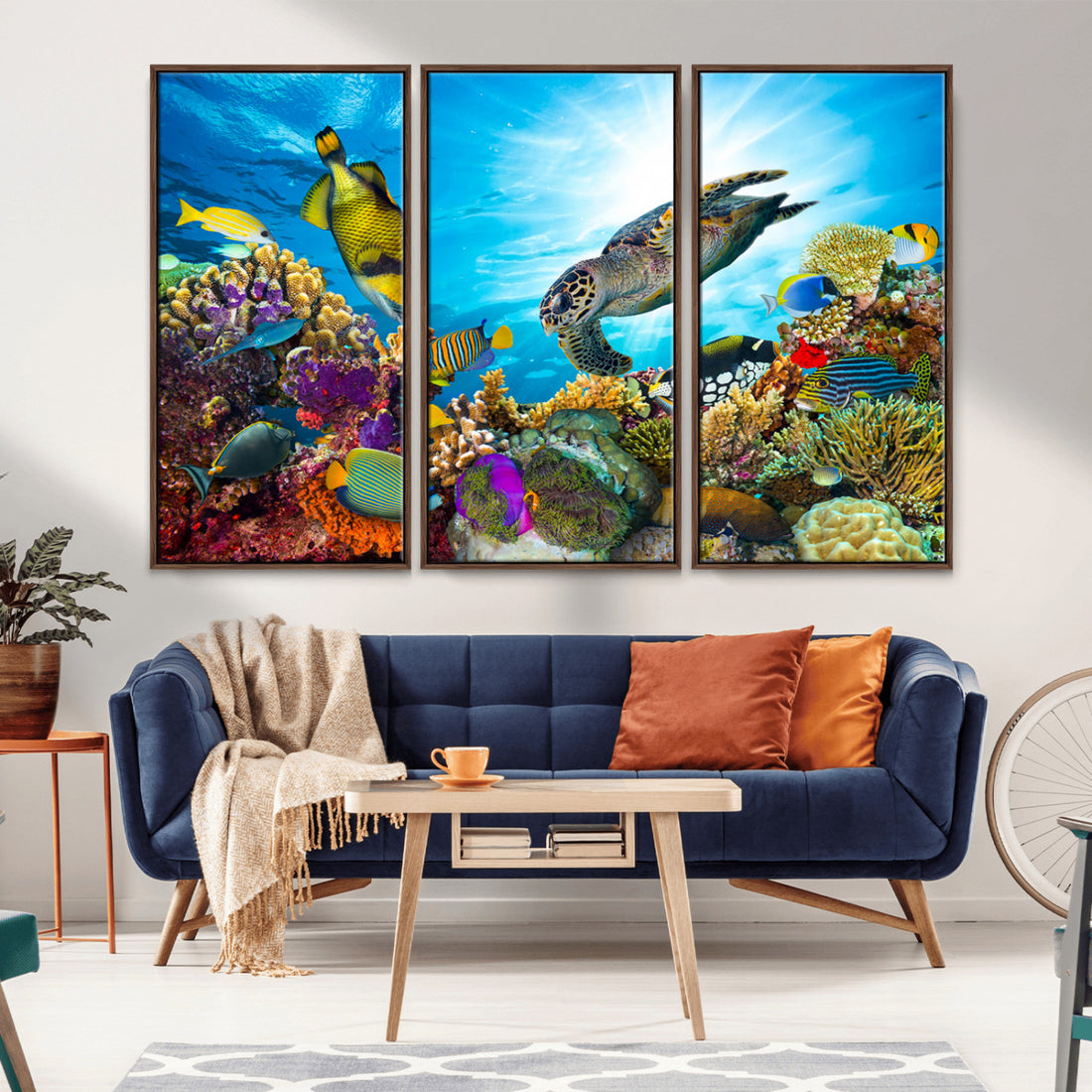 Colorful Coral Reef and Sea Life Turtle Canvas Print, Underwater Tropical Ocean Wall Art
