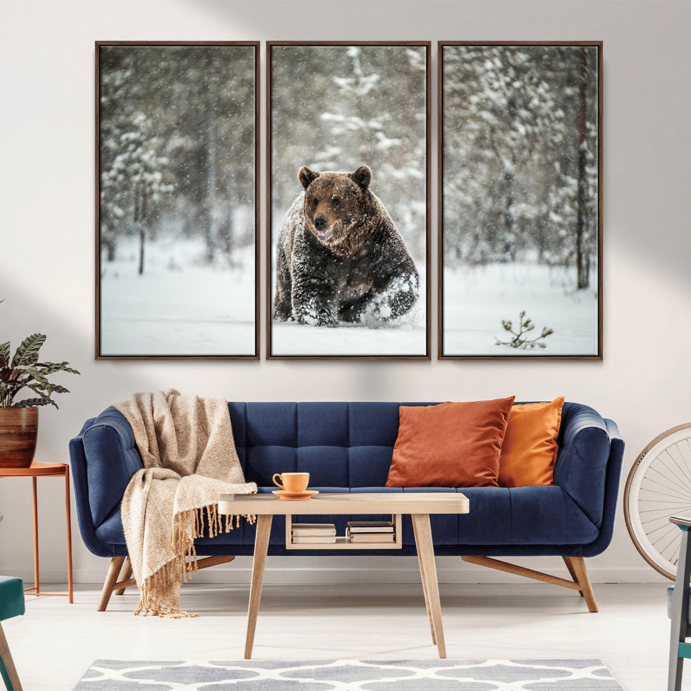 A majestic brown bear moves through a snowy forest landscape, surrounded by falling snowflakes, capturing the essence of wildlife in winter.