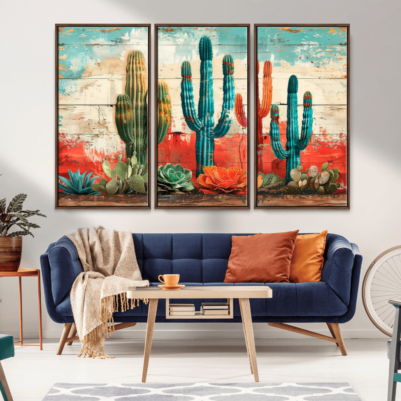 A vivid southwestern-style artwork featuring an eclectic mix of cacti and succulents painted against a textured, rustic wood backdrop in rich turquoise, red, and orange hues.