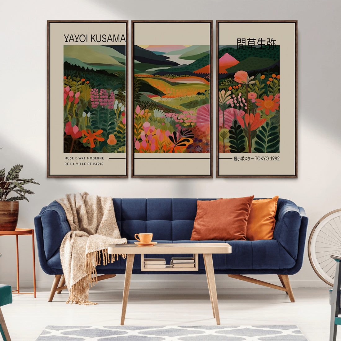 Yayoi Kusama Landscape Canvas Print, Vibrant Floral Mountain Art, Framed Kusama Printing