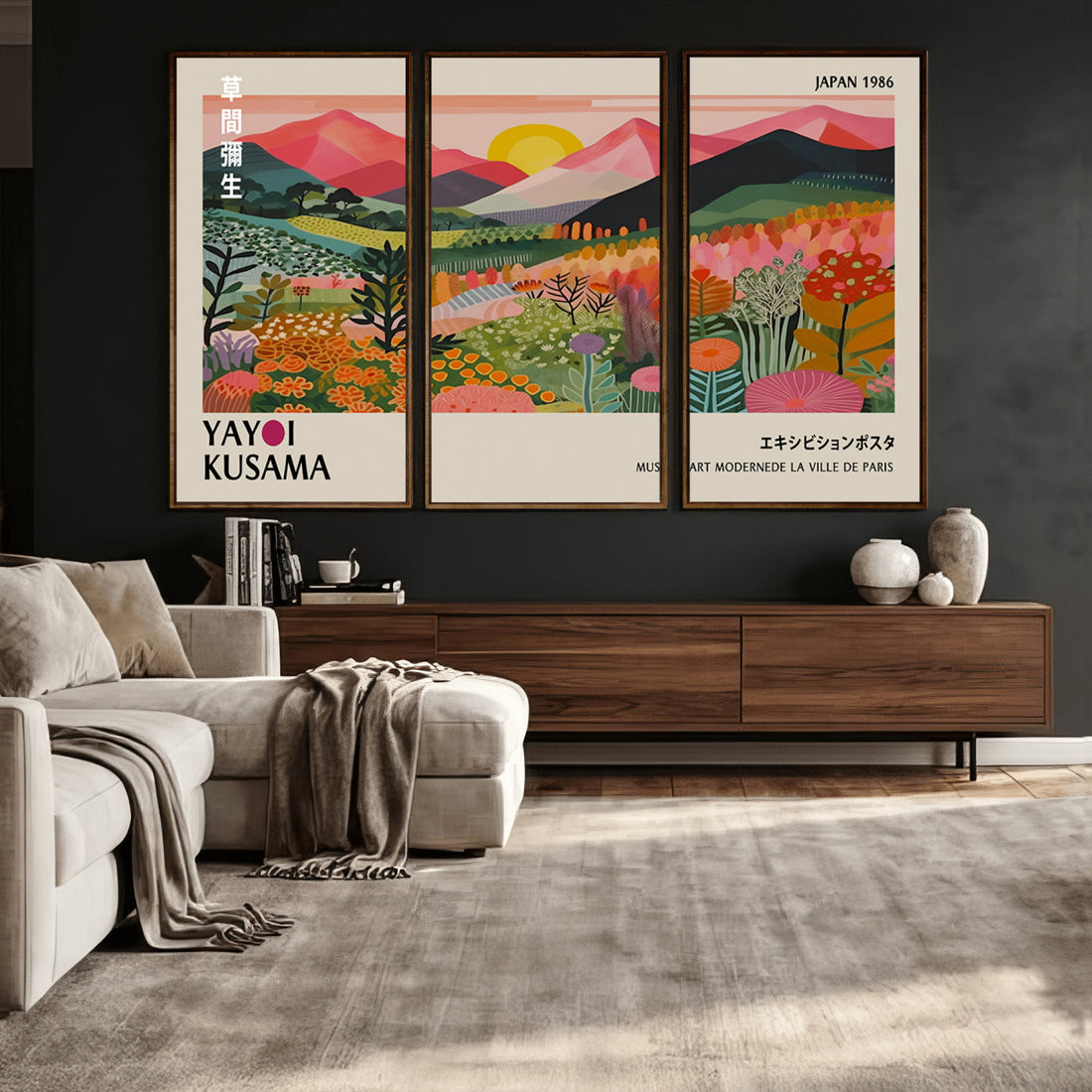 Yayoi Kusama Landscape Canvas Print, Vibrant Floral Mountain Art, Framed Botanical Wall Art