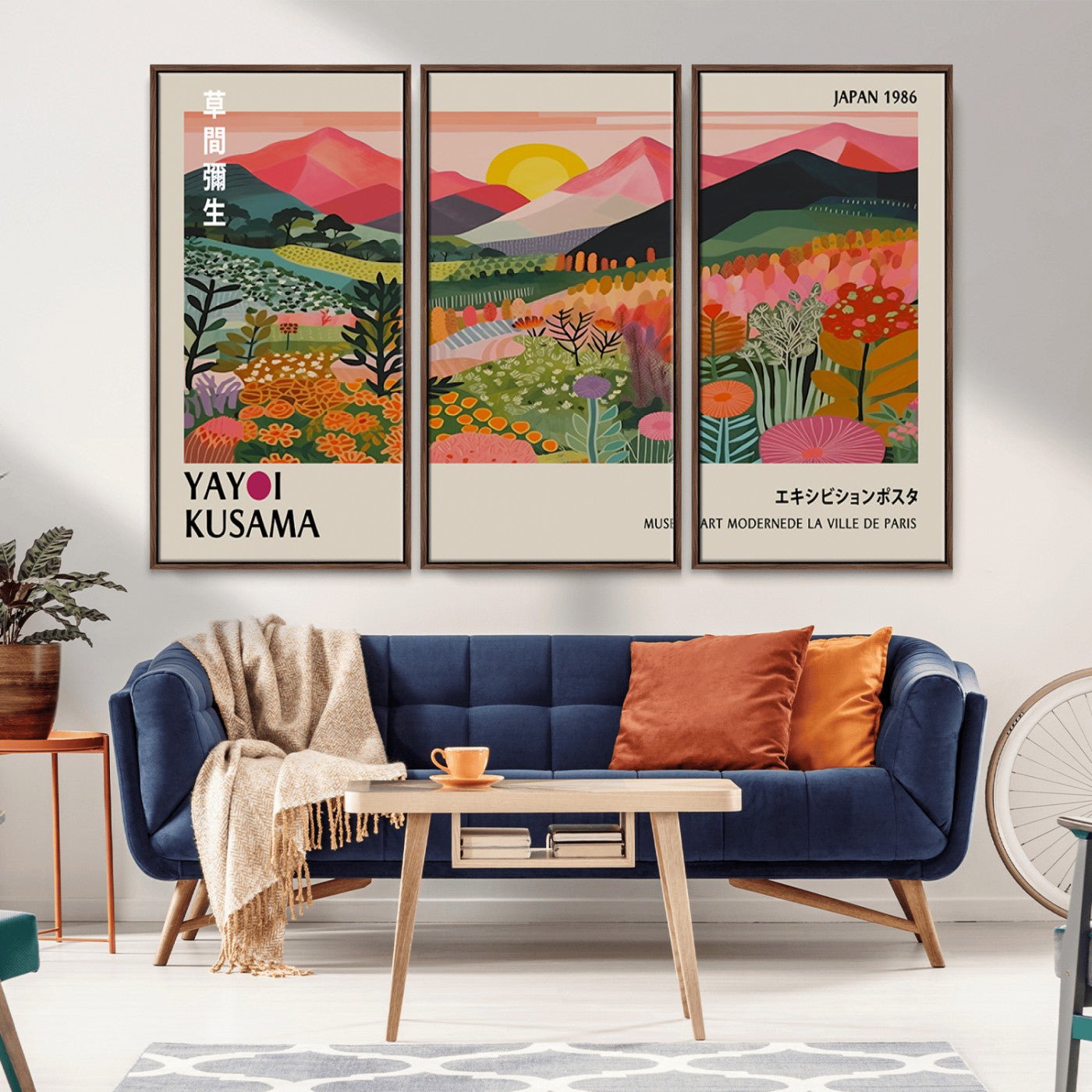 MGV-FC-48X32-3P - Yayoi Kusama Landscape Canvas Print, Vibrant Floral Mountain Art Print, Framed Botanical Wall Art -