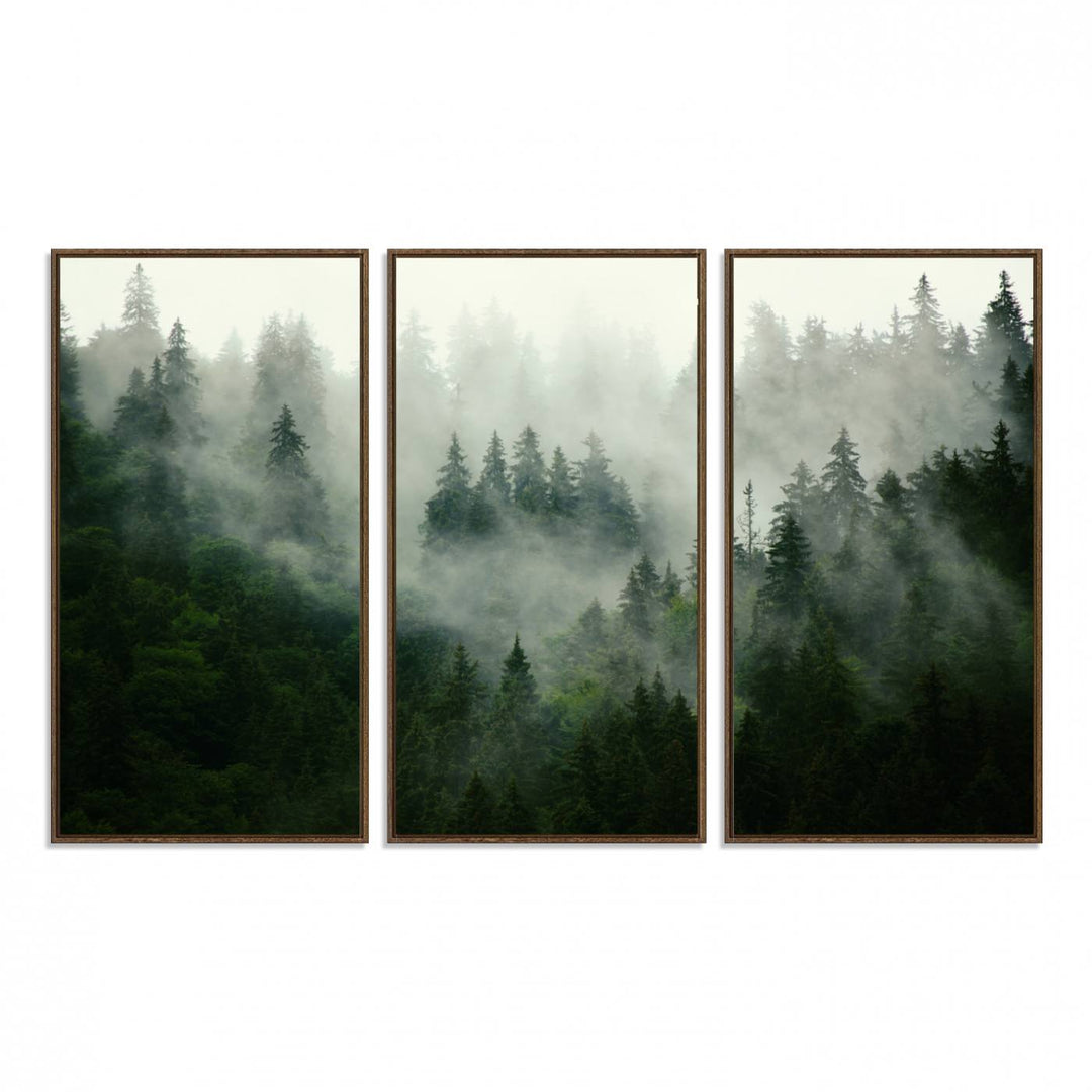 The Misty Forest Wall Art Canvas Print captures a serene, foggy evergreen landscape, evoking a mysterious woodland ambiance.