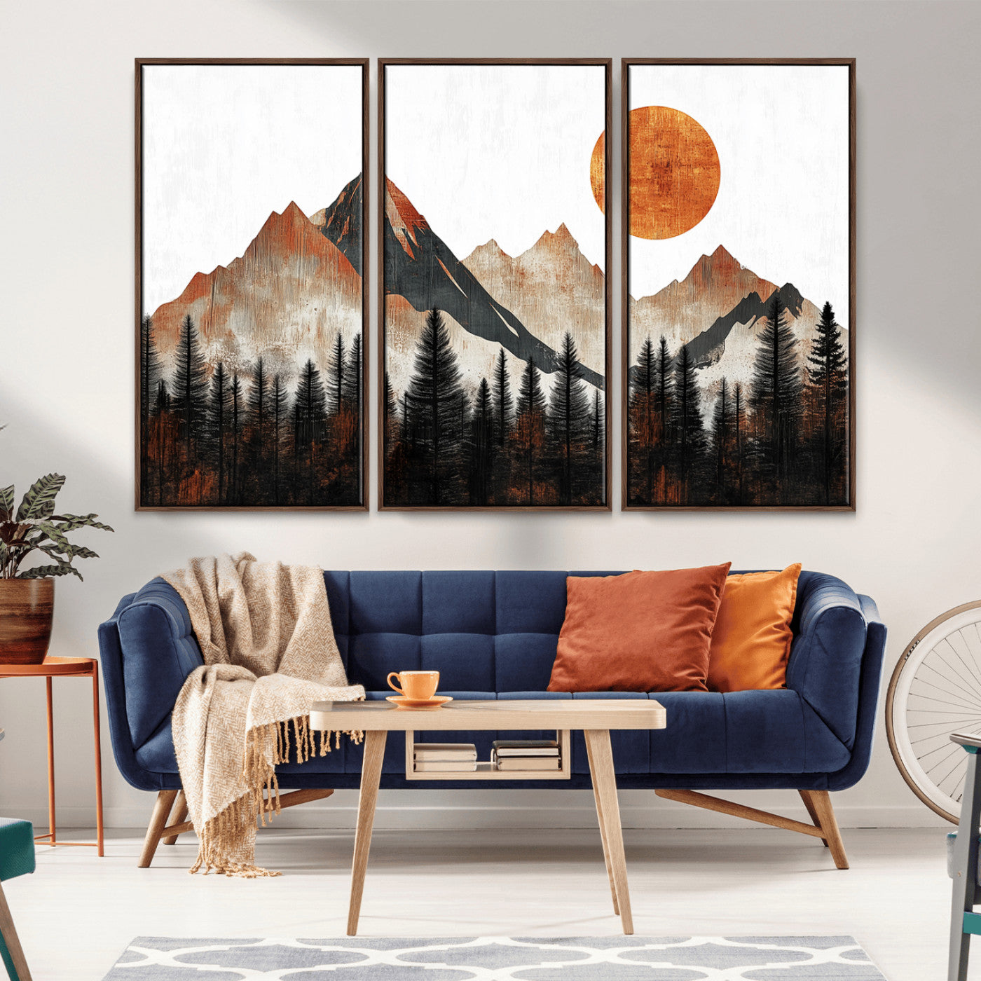 MGV-FC-48X32-3P - Modern Abstract Mountain Canvas Wall Art Print, Abstract Landscape Print, Rustic Sun and Mountains