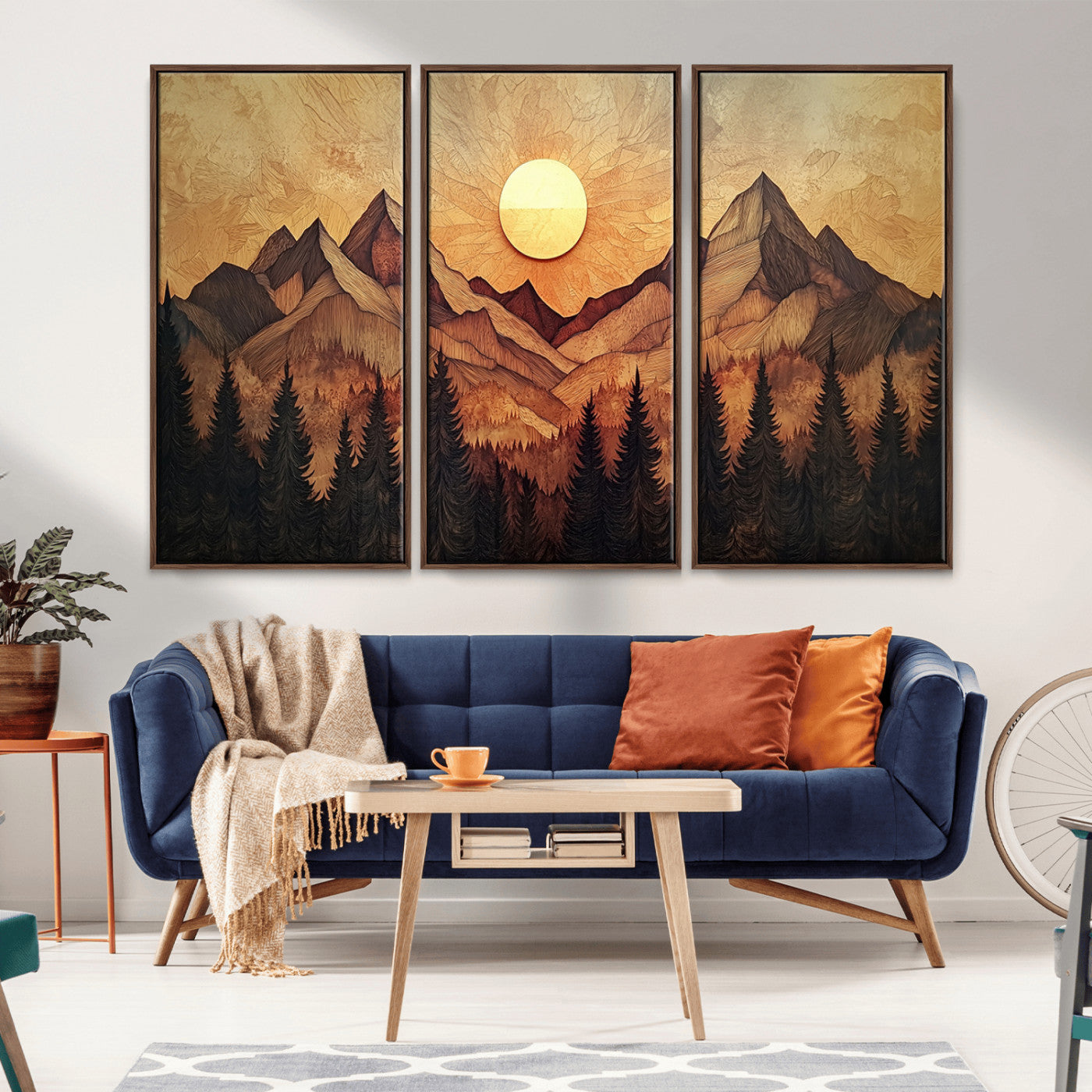 MGV-FC-48X32-3P - Wood Style Abstract Mountain Sunset Canvas Wall Art Print - Warm Earth Nature-Inspired Decor for
