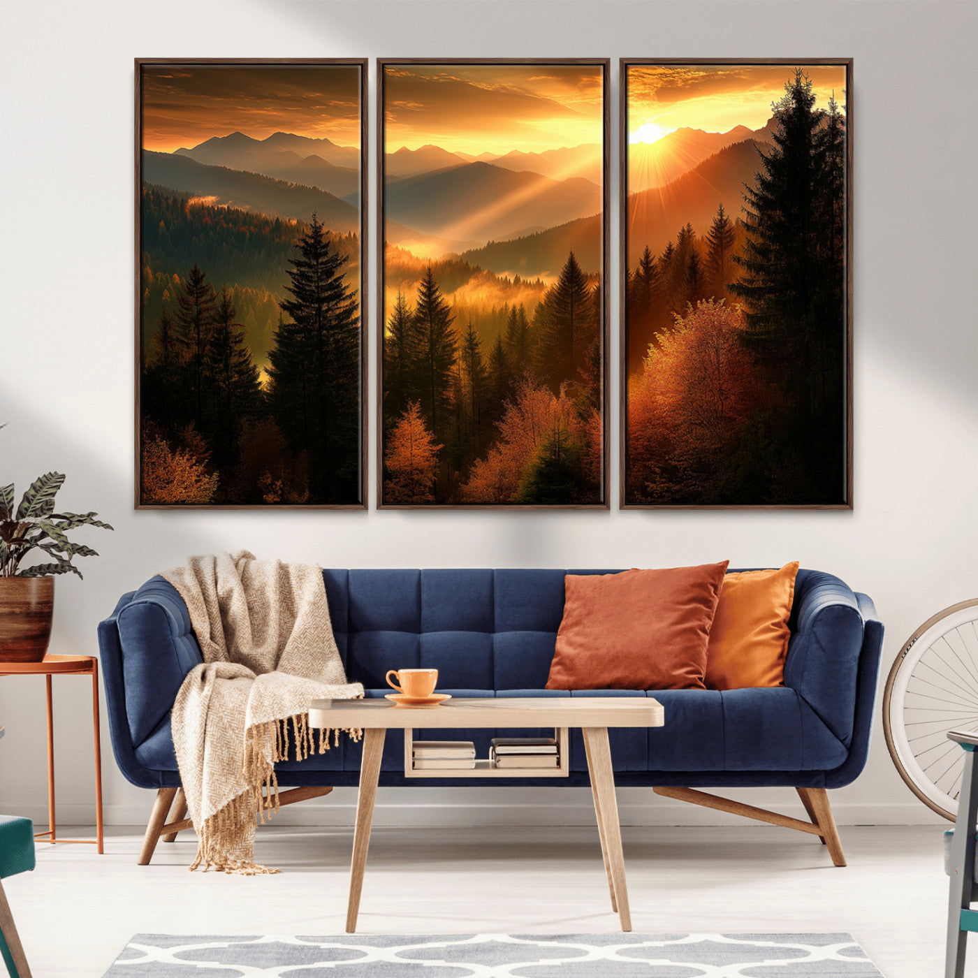 MGV-FC-48X32-3P - Golden Sunset Over Mountain Forest Canvas Wall Art Print - Warm Nature Landscape Print