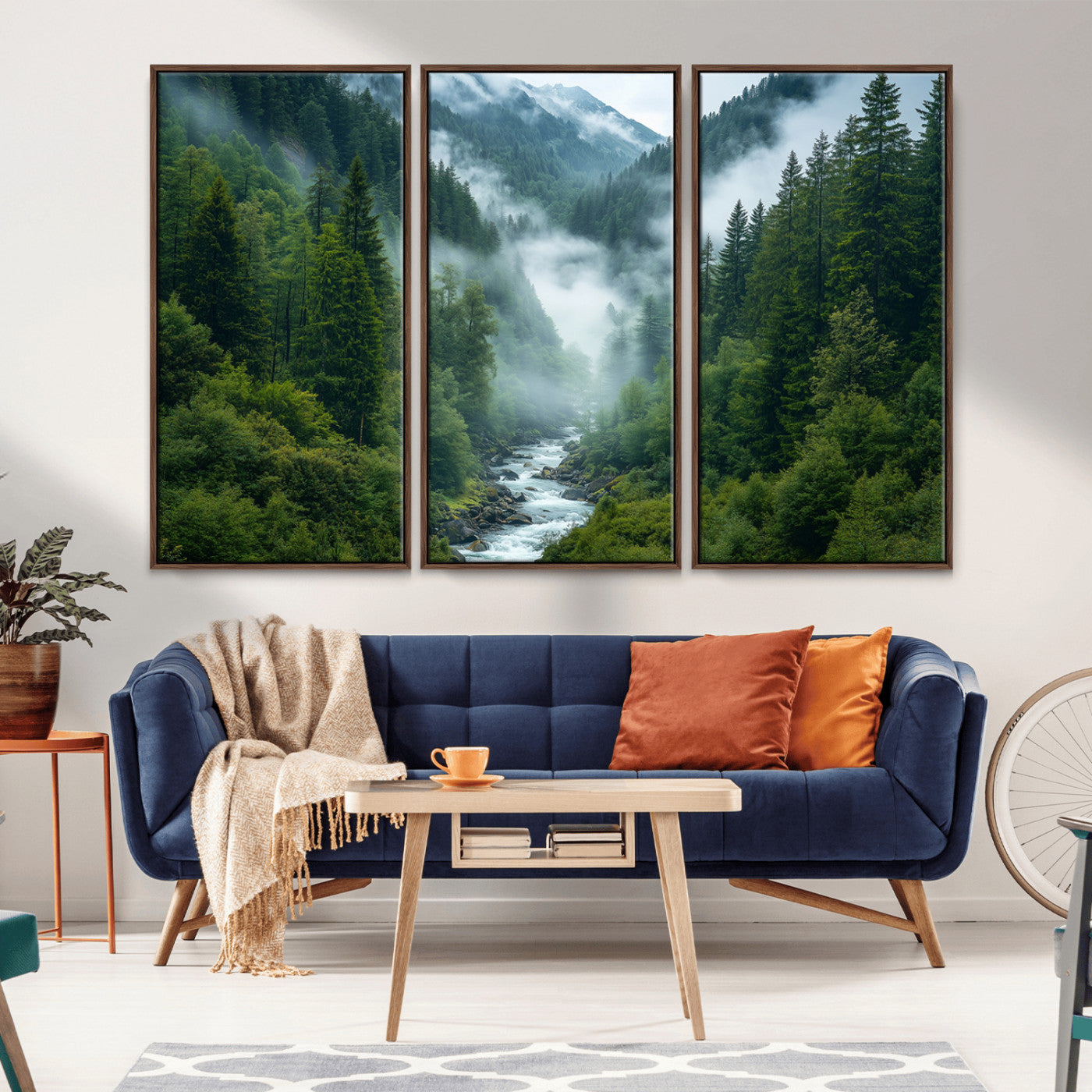 MGV-FC-48X32-3P - Mountain Forest River Canvas Wall Art Print - Serene Nature Landscape for Living Room, Office, or