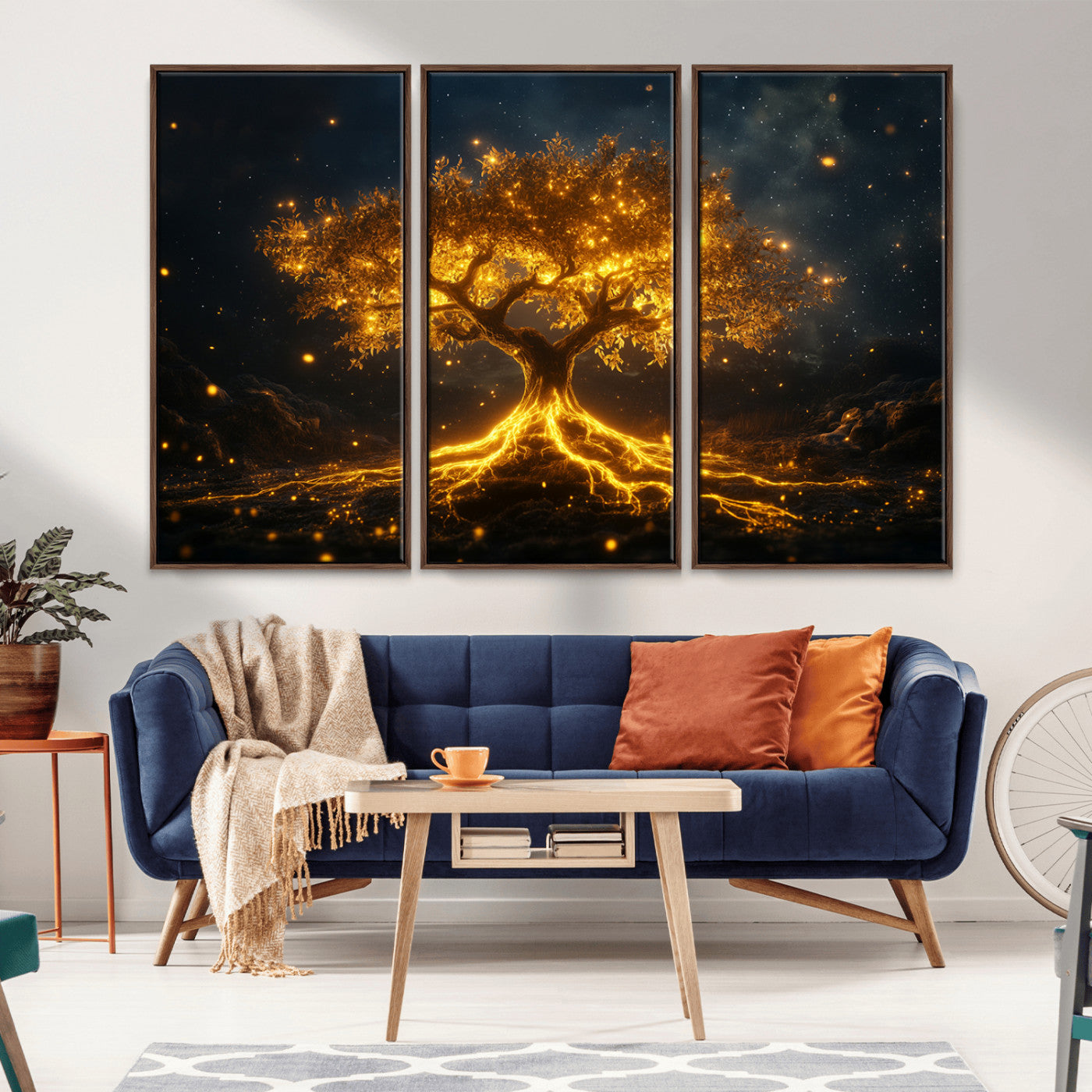 MGV-FC-48X32-3P - Golden Tree of Life Canvas Wall Art Print - Majestic Glowing Tree Design for Living Room, Office, or
