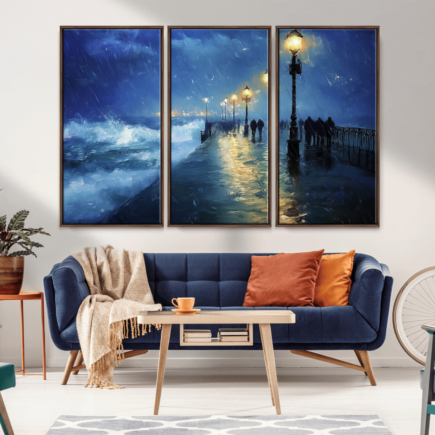 MGV-FC-48X32-3P - Abstract Stormy Ocean Pier Canvas Wall Art Print | Stormy Ocean Art | Large Moody Night Scene Print,