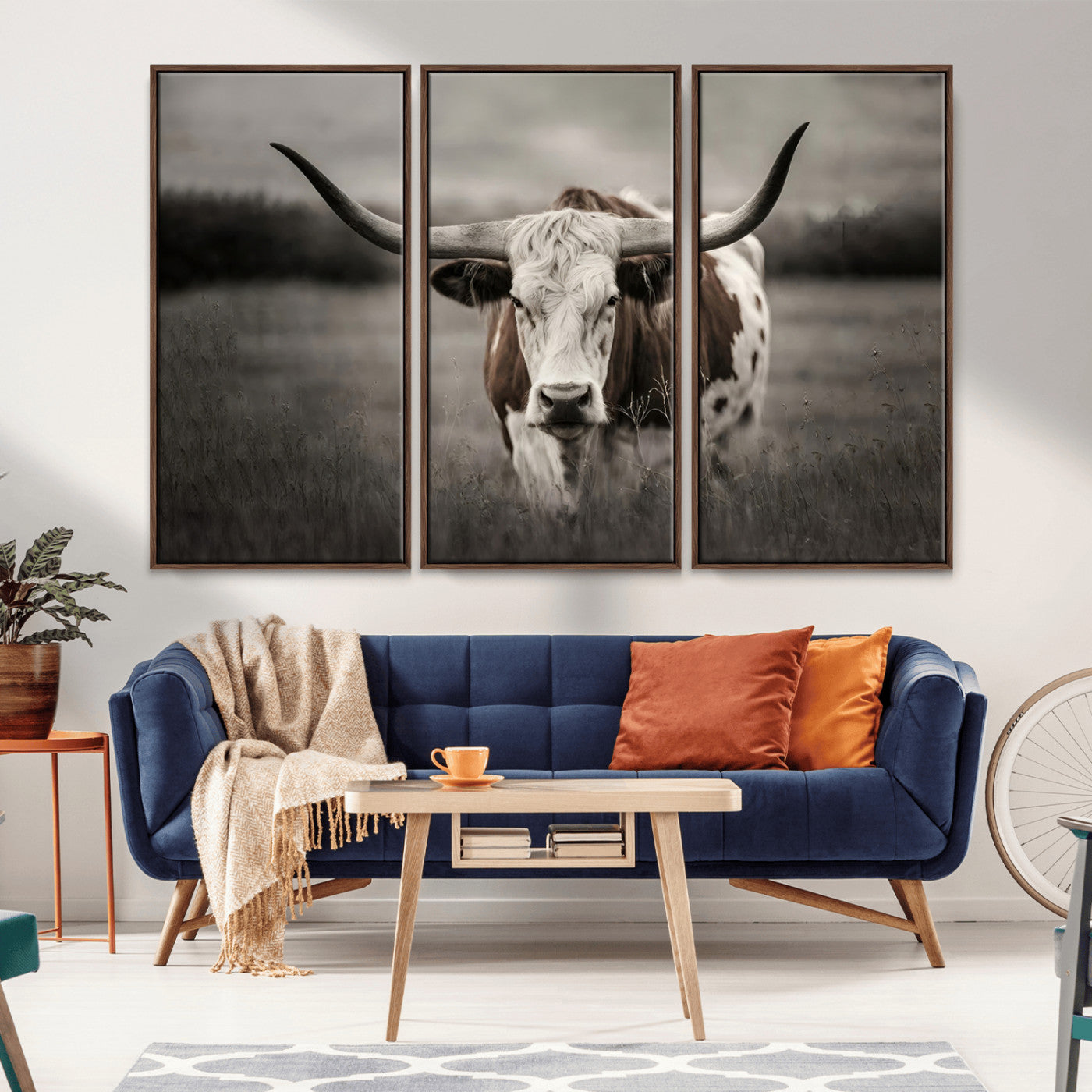MGV-FC-48X32-3P - Texas Longhorn Cow Canvas Wall Art Print - Large Rustic Longhorn Art for Living Room, Western Wall