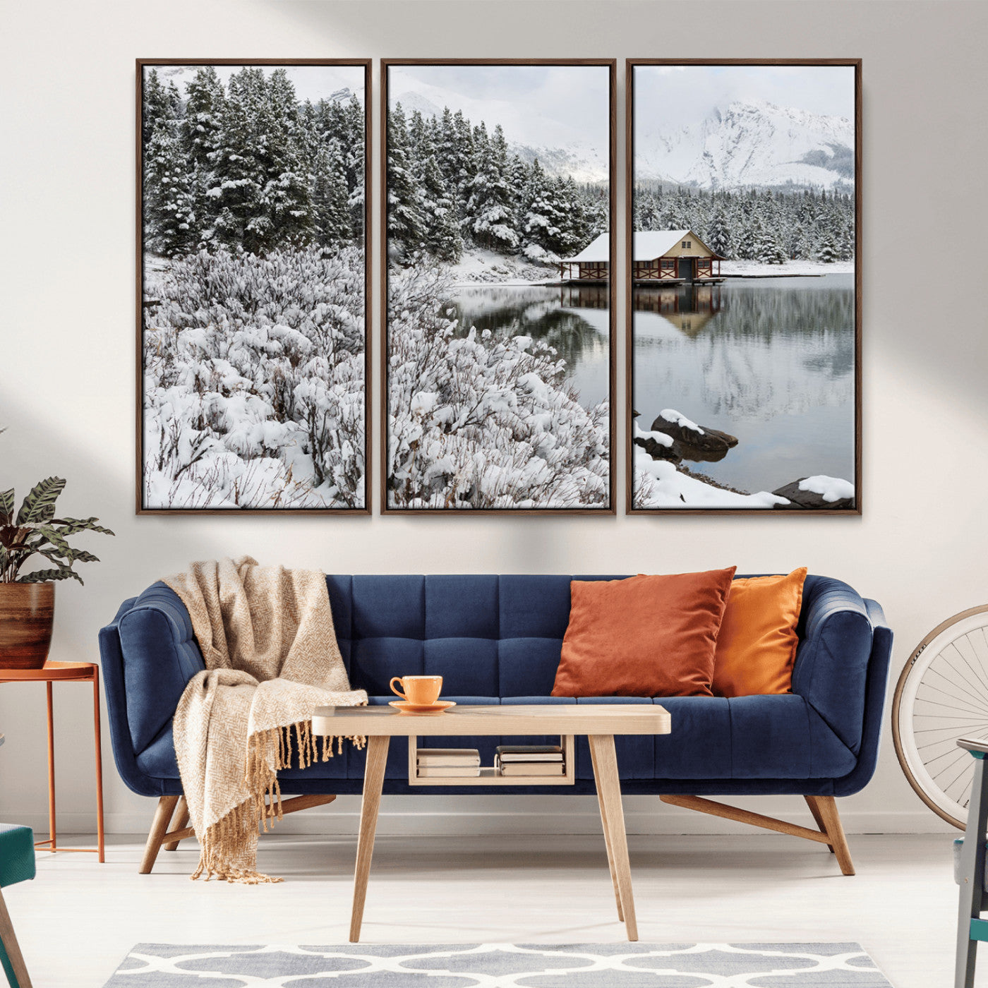 MGV-FC-48X32-3P - Winter Wall Art - Cabin by the Lake Canvas Wall Art - Serene Snowy Landscape with Mountain View,