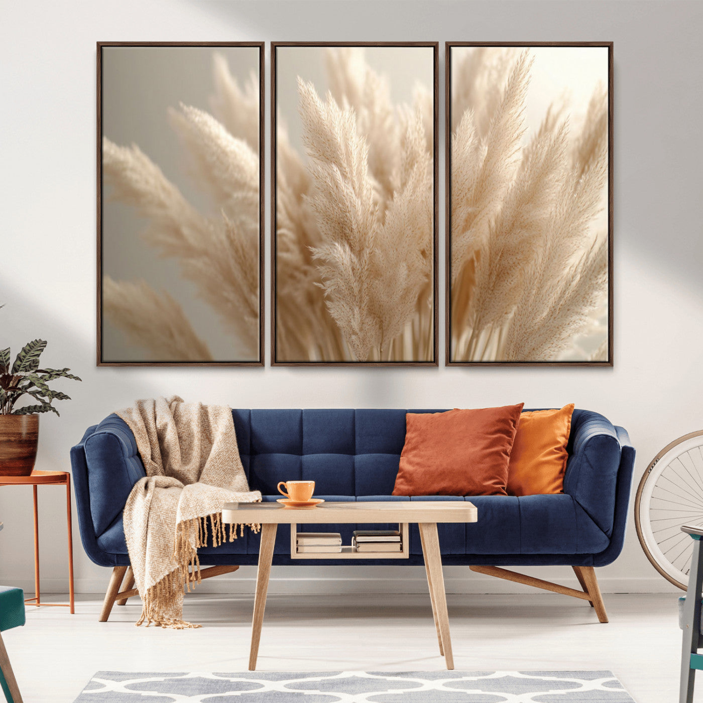 MGV-FC-48X32-3P - Pampas Grass Canvas Wall Art - Elegant Neutral Decor for Living Room, Boho Minimalist Artwork, Ready