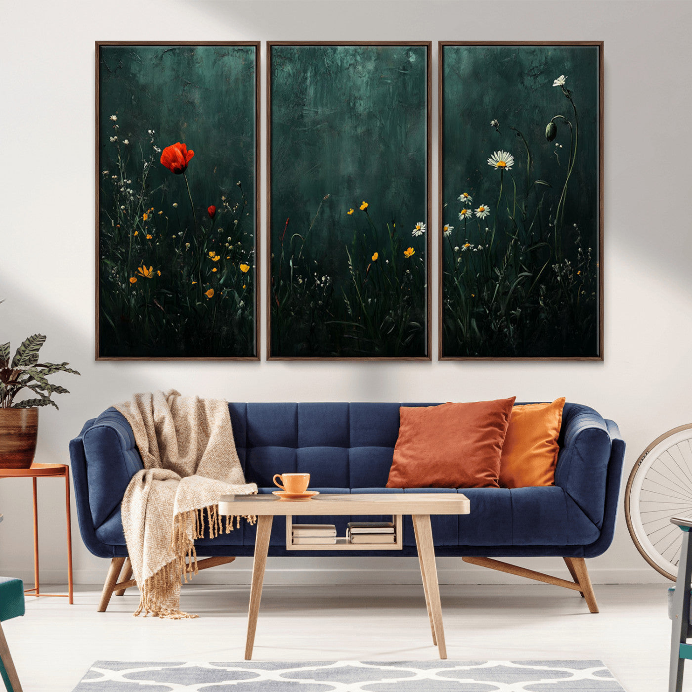 MGV-FC-48X32-3P - Wildflower Field Framed Wall Art, Vintage Botanical Landscape Sign, Botanical Wall Art, Modern