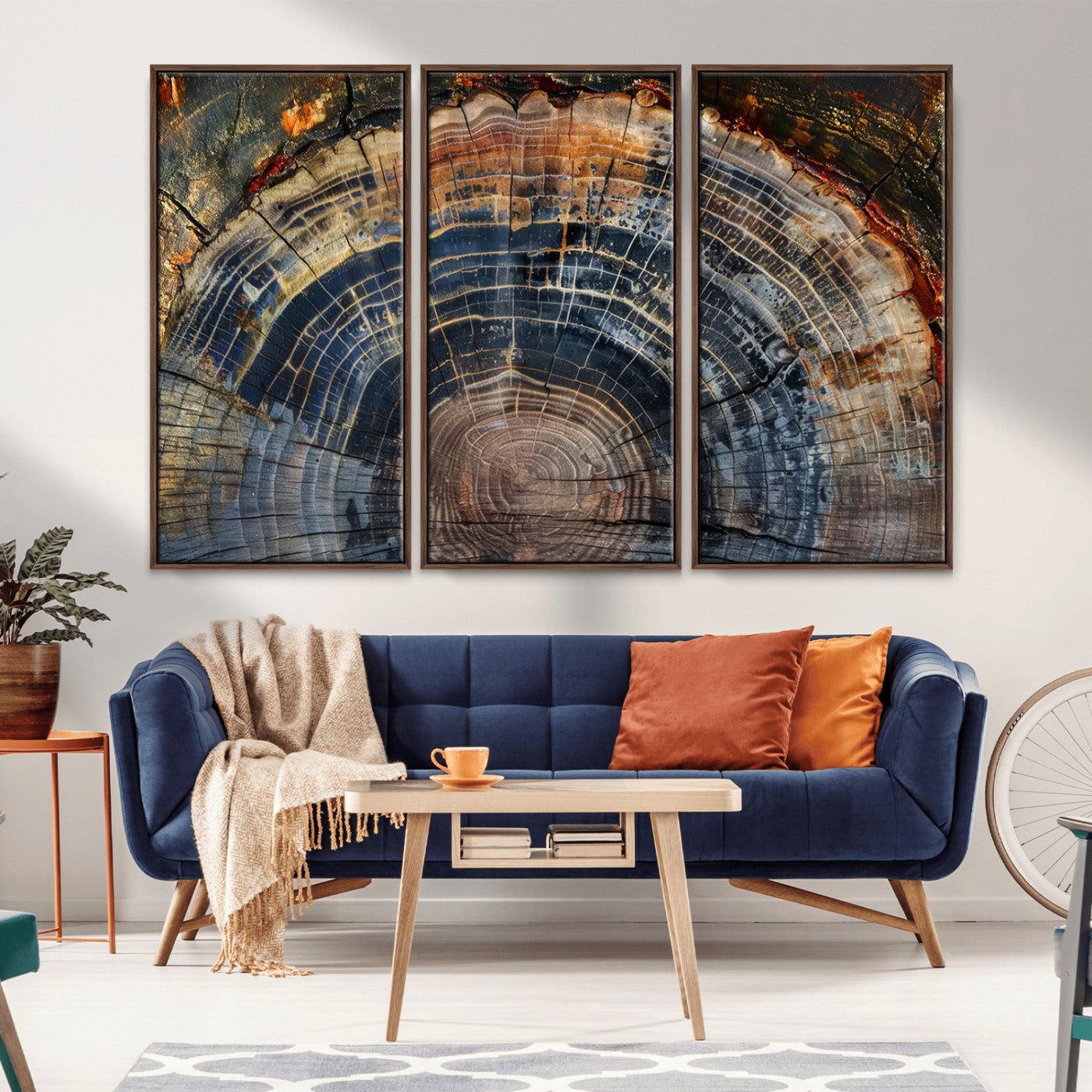 MGV-FC-48X32-3P - Framed Tree Ring Wall Art - Abstract Colorful Tree Ring Wall Decor, Minimalist Home Canvas Art,