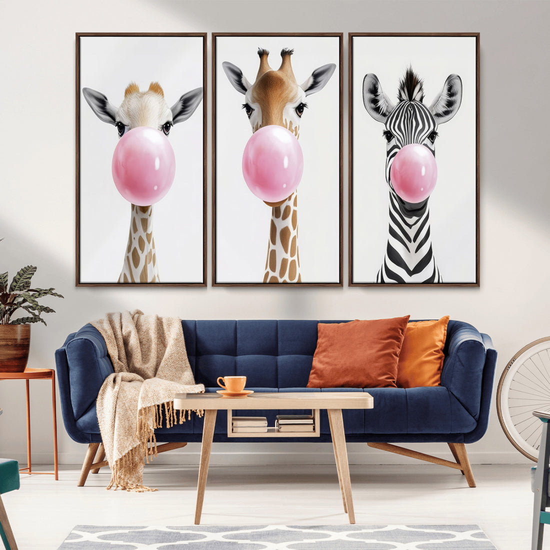 Bubblegum Animals Canvas Wall Art, Playful Giraffe and Zebra Trio, Whimsical Nursery and Kids Room Decor