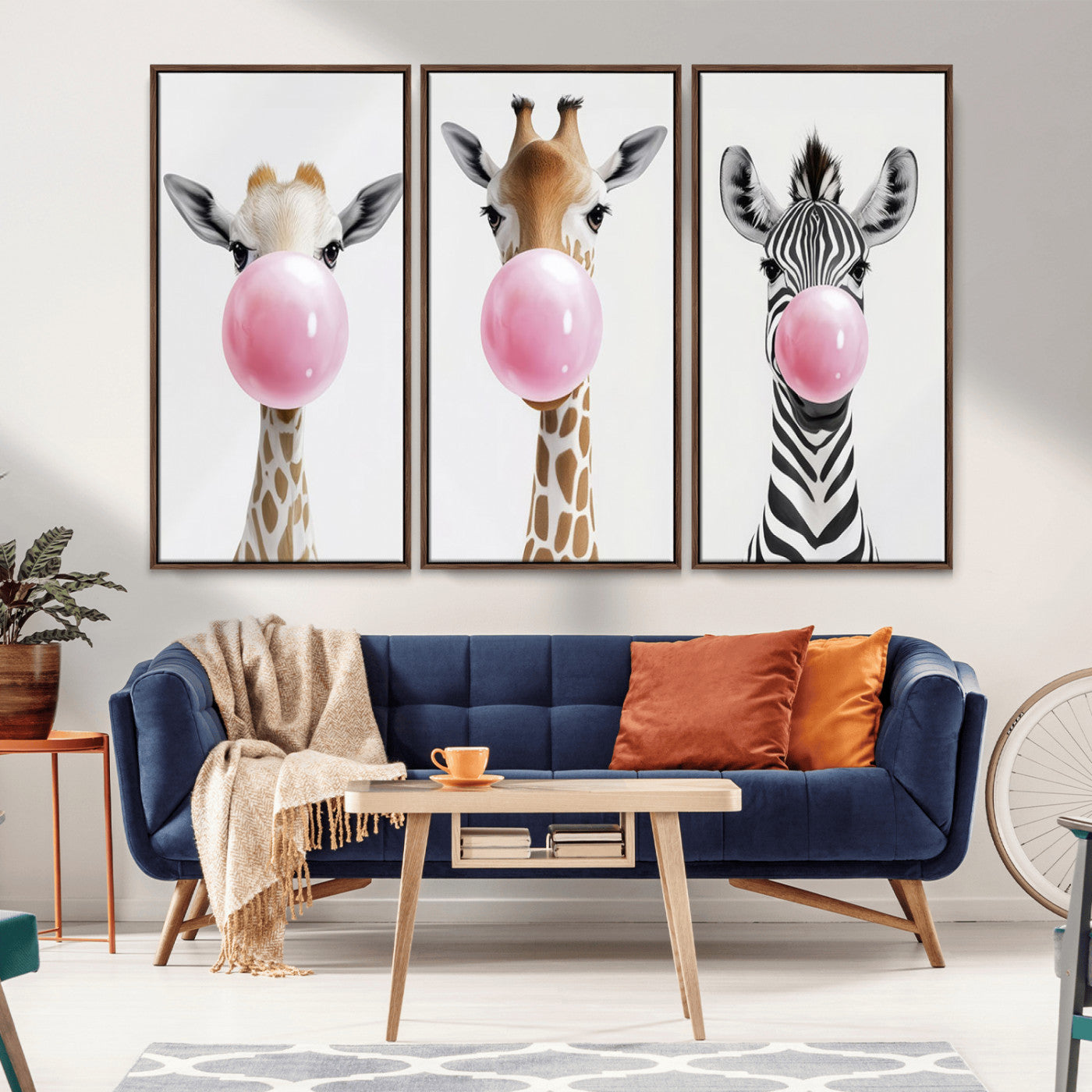 MGV-FC-48X32-3P - Bubblegum Animals Canvas Wall Art - Playful Giraffe and Zebra Trio, Fun Nursery Decor for Kids'