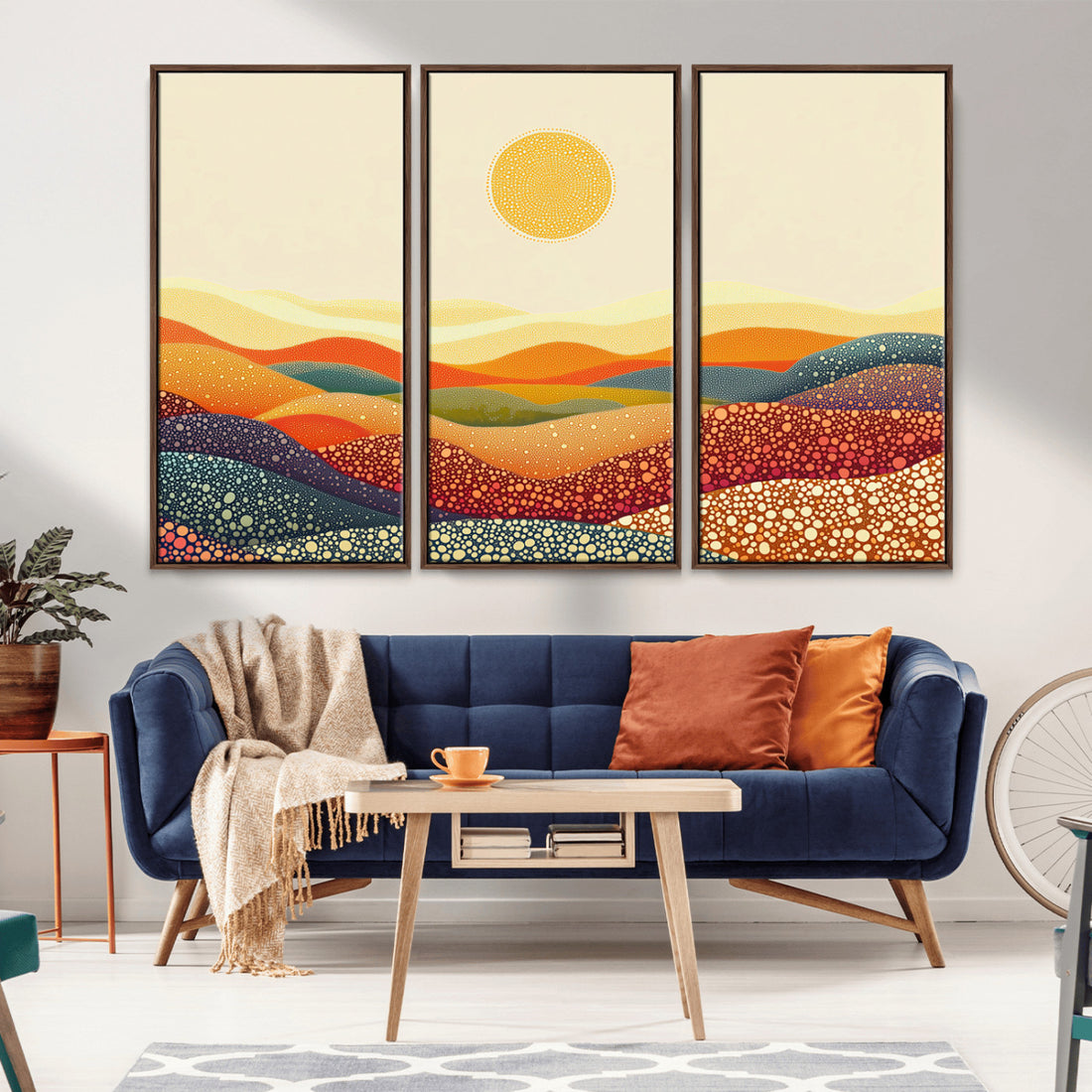 YAYOI KUSAMA Colorful Dot Art Landscape Canvas, Framed Abstract Pointillism with Rolling Hills and Sun