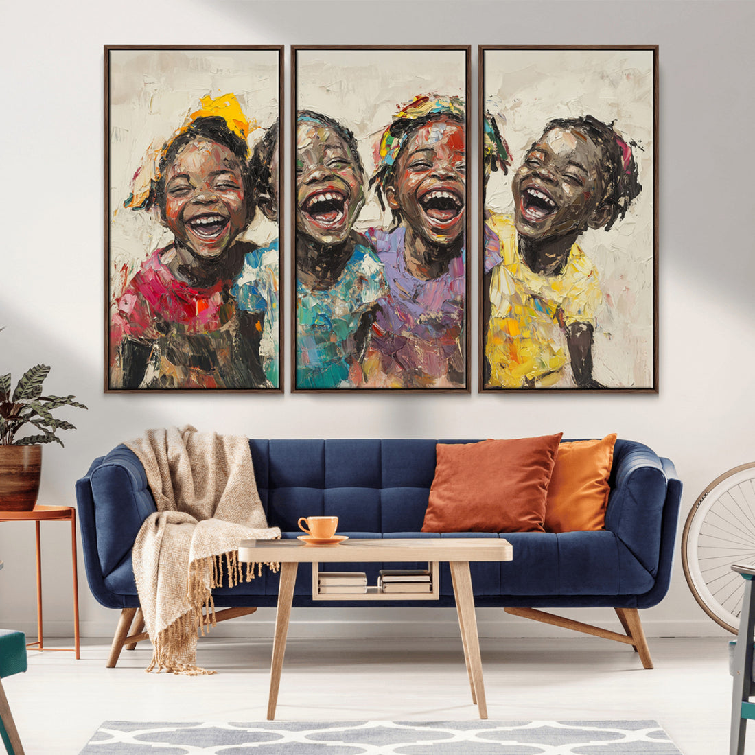 Shai Yossef Style Joyful Childhood Canvas Wall Art, Expressive Painting of Laughing Black Children
