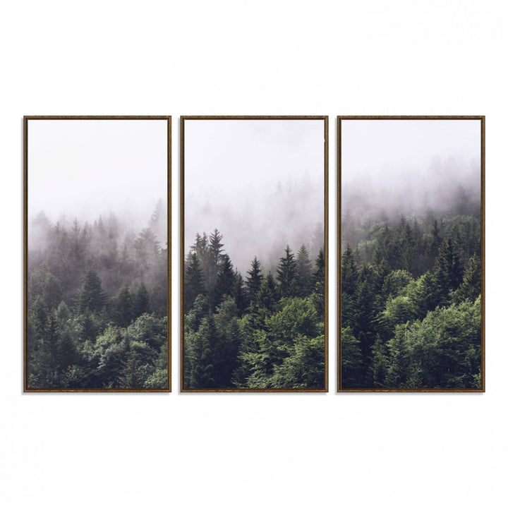 A serene triptych nature print featuring a misty forest, perfect as wall art.