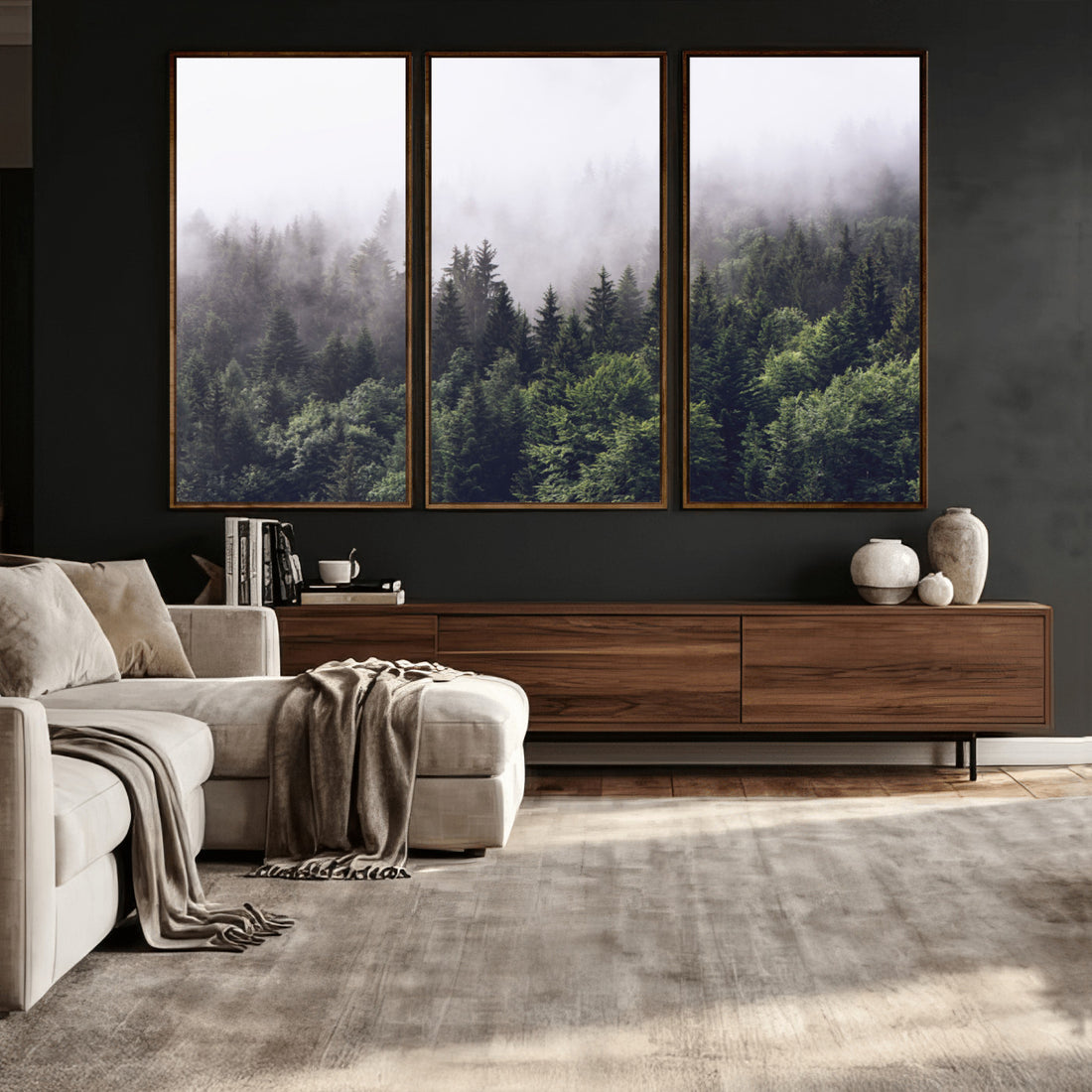 Misty Forest Canvas Wall Art | Serene Triptych Nature Print