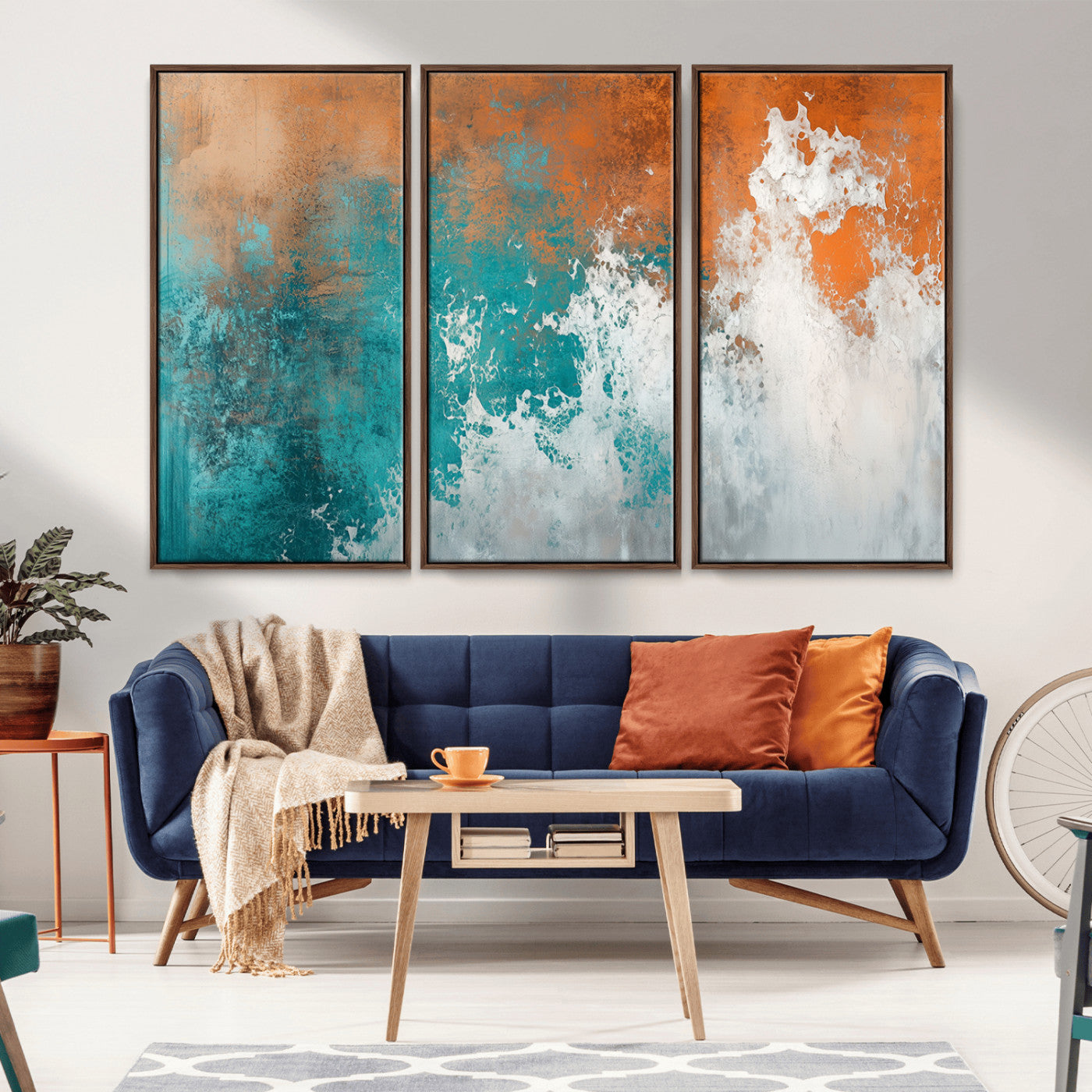 MGV-FC-48X32-3P - Vintage Abstract Print - Bold Teal and Orange Canvas Wall Art - Retro-Vintage Abstract Orange Canvas