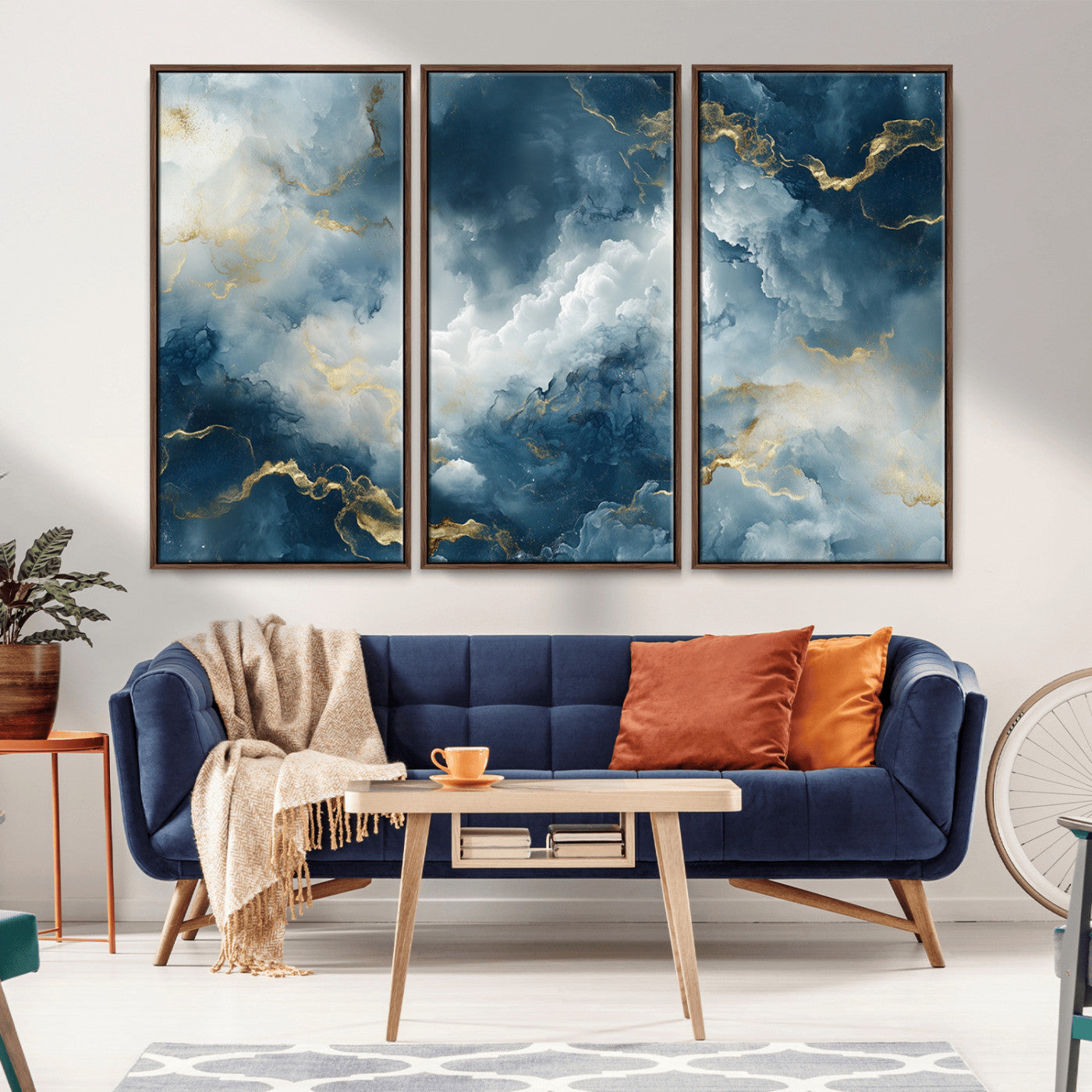 MGV-FC-48X32-3P - Large Abstract Print - Luxe Blue and Gold Abstract Canvas Wall Art - Bold Cloudscape Canvas for