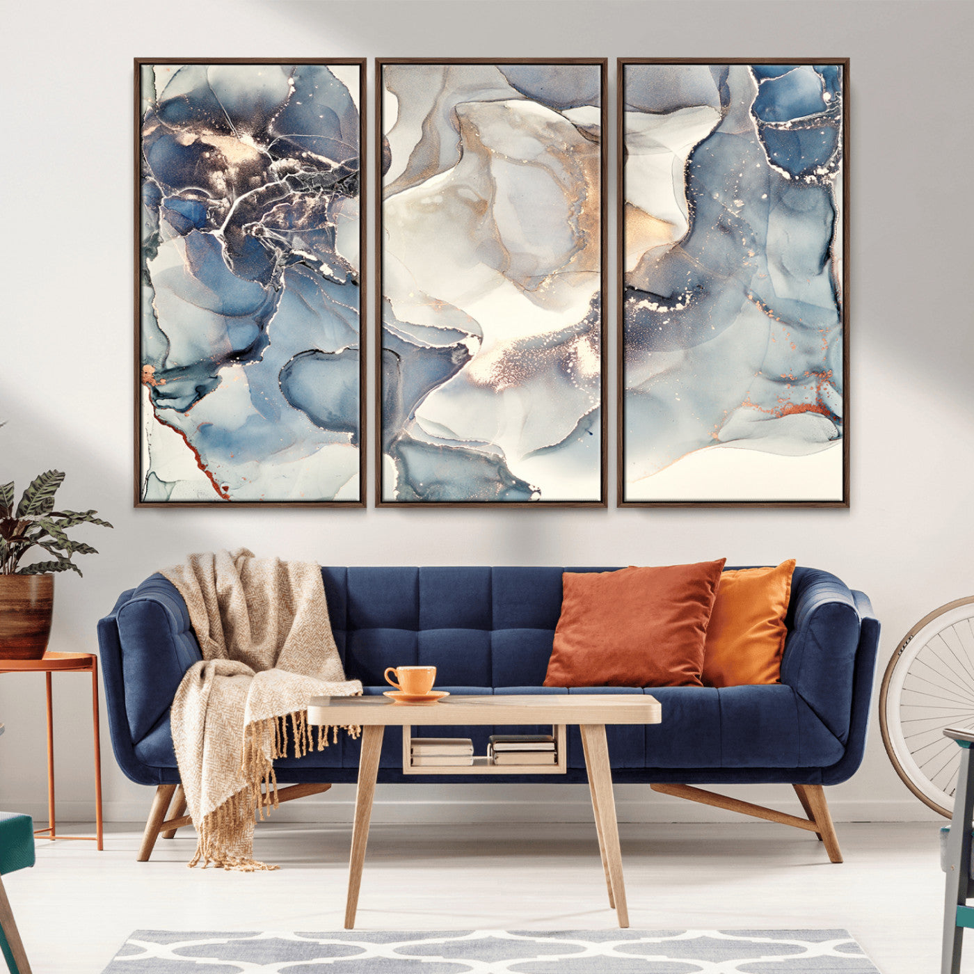 MGV-FC-48X32-3P - Abstract Blue and Gold Canvas Wall Art - Fluid Ink Artwork - Modern Luxury Wall Decor for Contemporary Interiors