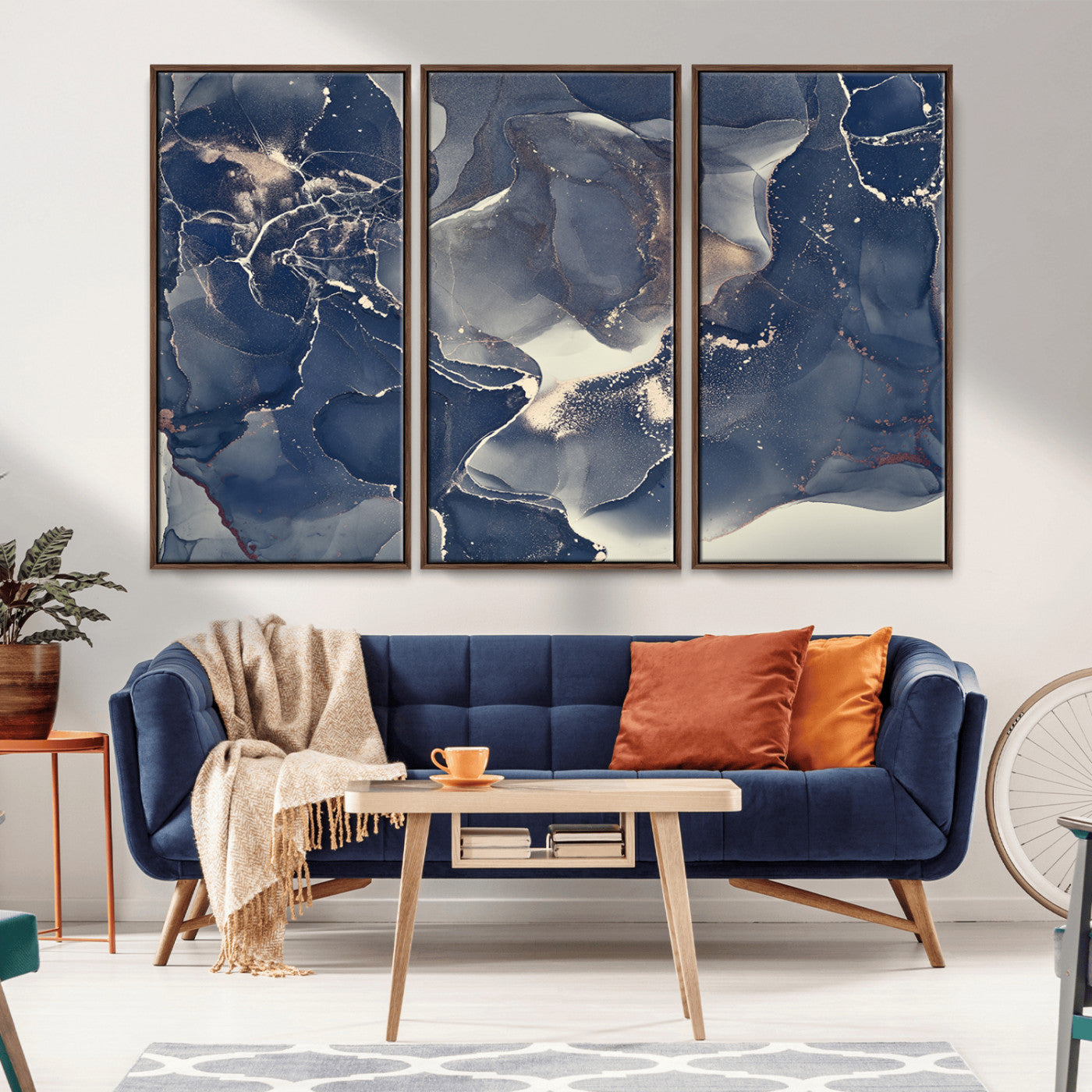 MGV-FC-48X32-3P - Large Abstract Blue and Gold Canvas Wall Art | Fluid Ink Artwork Print | Luxury Wall Decor for
