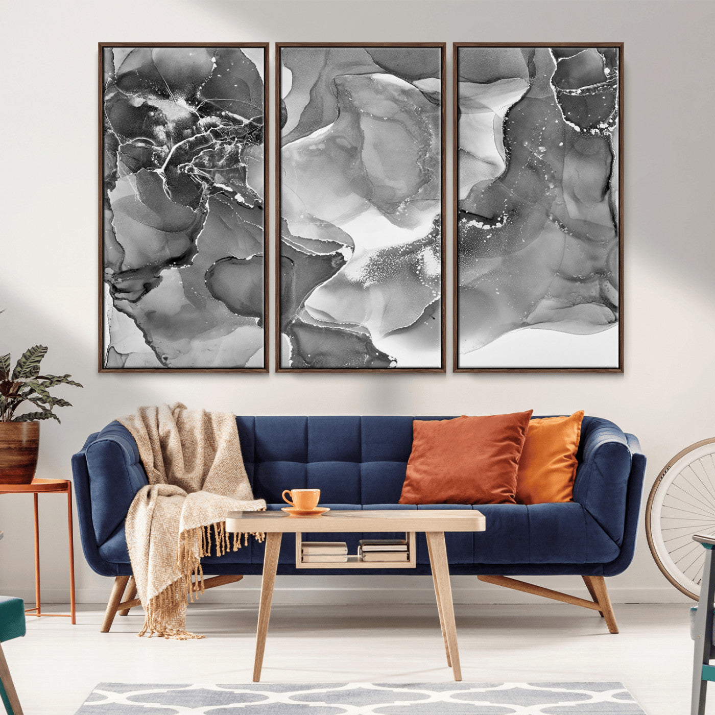 MGV-FC-48X32-3P - Black White Abstract Canvas Wall Art - Fluid Ink Artwork - Modern Luxury Wall Decor for Contemporary
