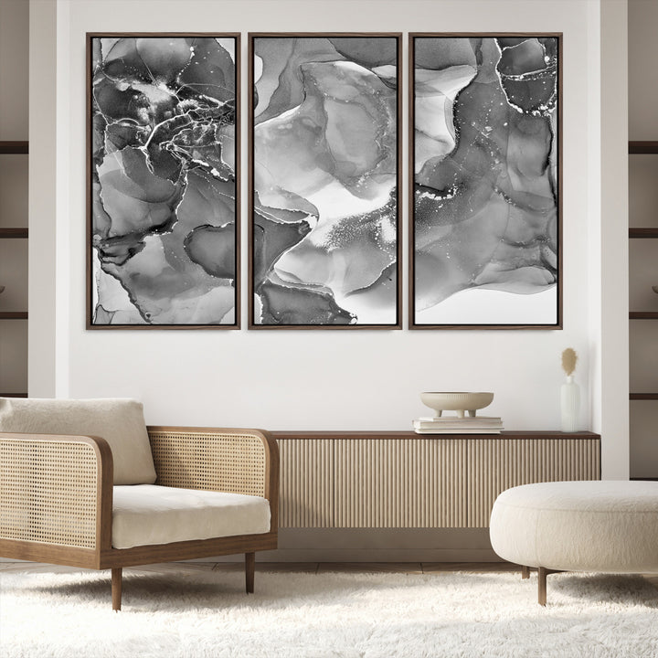 Black White Abstract Canvas Wall Art - Fluid Ink Artwork - Modern Luxury Wall Decor for Contemporary Interiors