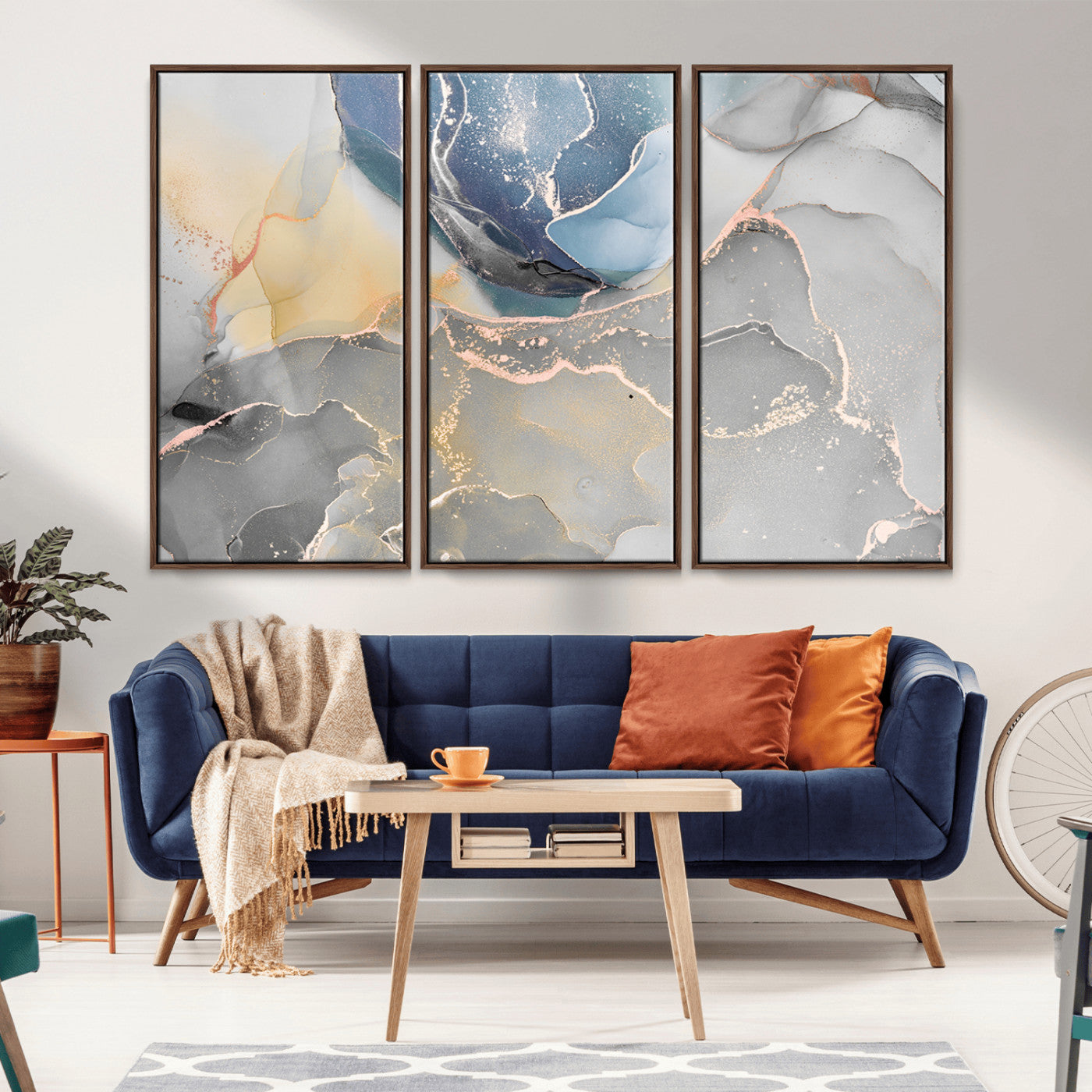 MGV-FC-48X32-3P - Large Abstract Blue and Gold Canvas Wall Art | Fluid Ink Artwork Print | Luxury Wall Decor for