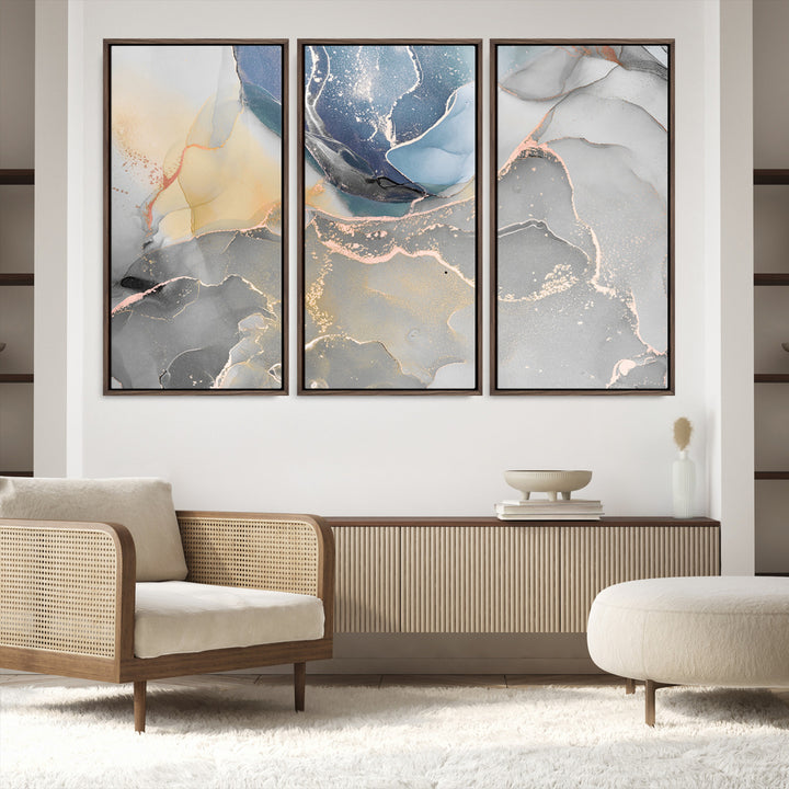 Large Abstract Blue and Gold Canvas Wall Art | Fluid Ink Artwork Print | Luxury Wall Decor for Contemporary Interiors | Framed Blue and Gold