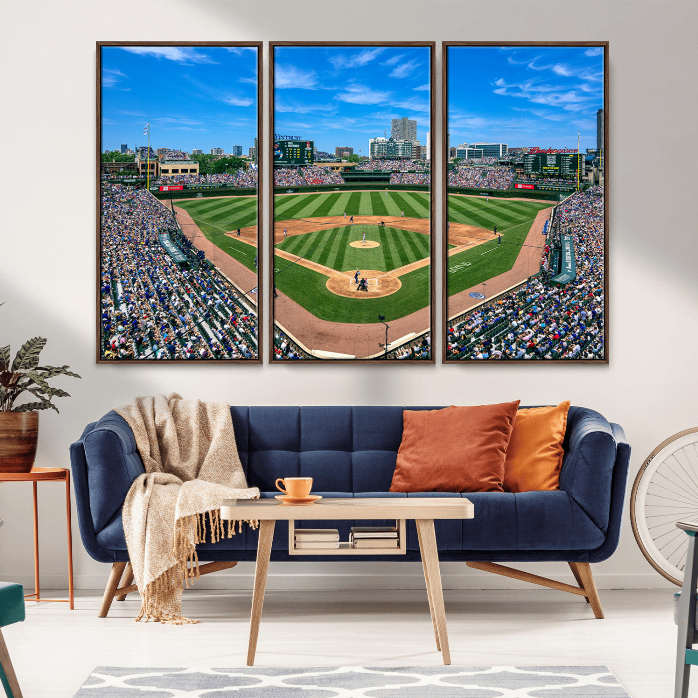 MGV-FC-48X32-3P - Framed Wrigley Field Chicago Cubs Print, Panoramic Multi Piece Canvas Wall Art - Iconic Baseball