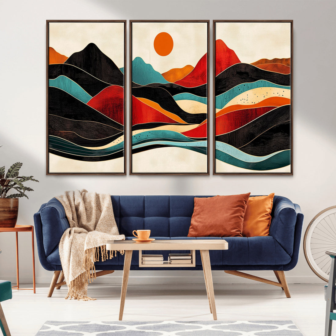 Western Wall Decor, Large Triptych Mountain Canvas, Boho Woodland Wall Art Print