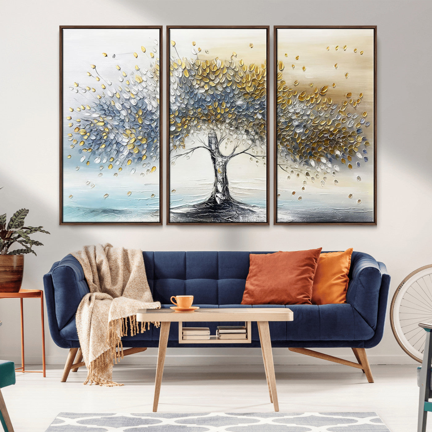 An elegant impasto painting featuring a tree with shimmering silver and gold leaves, blending soft pastels to create a calm and sophisticated atmosphere.