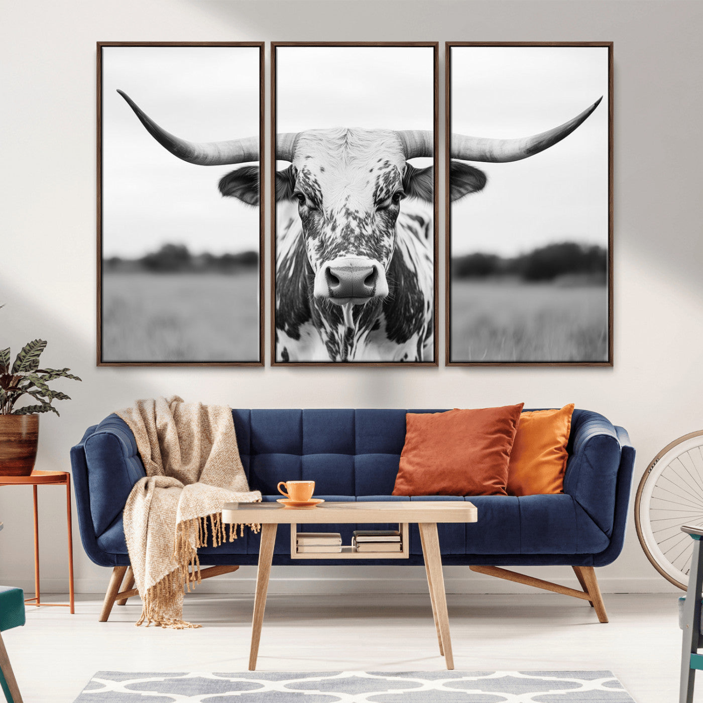 MGV-FC-48X32-3P - Highland Cow Wall Art - Black and White Western Longhorn Canvas Print - Farmhouse Living Room Decor
