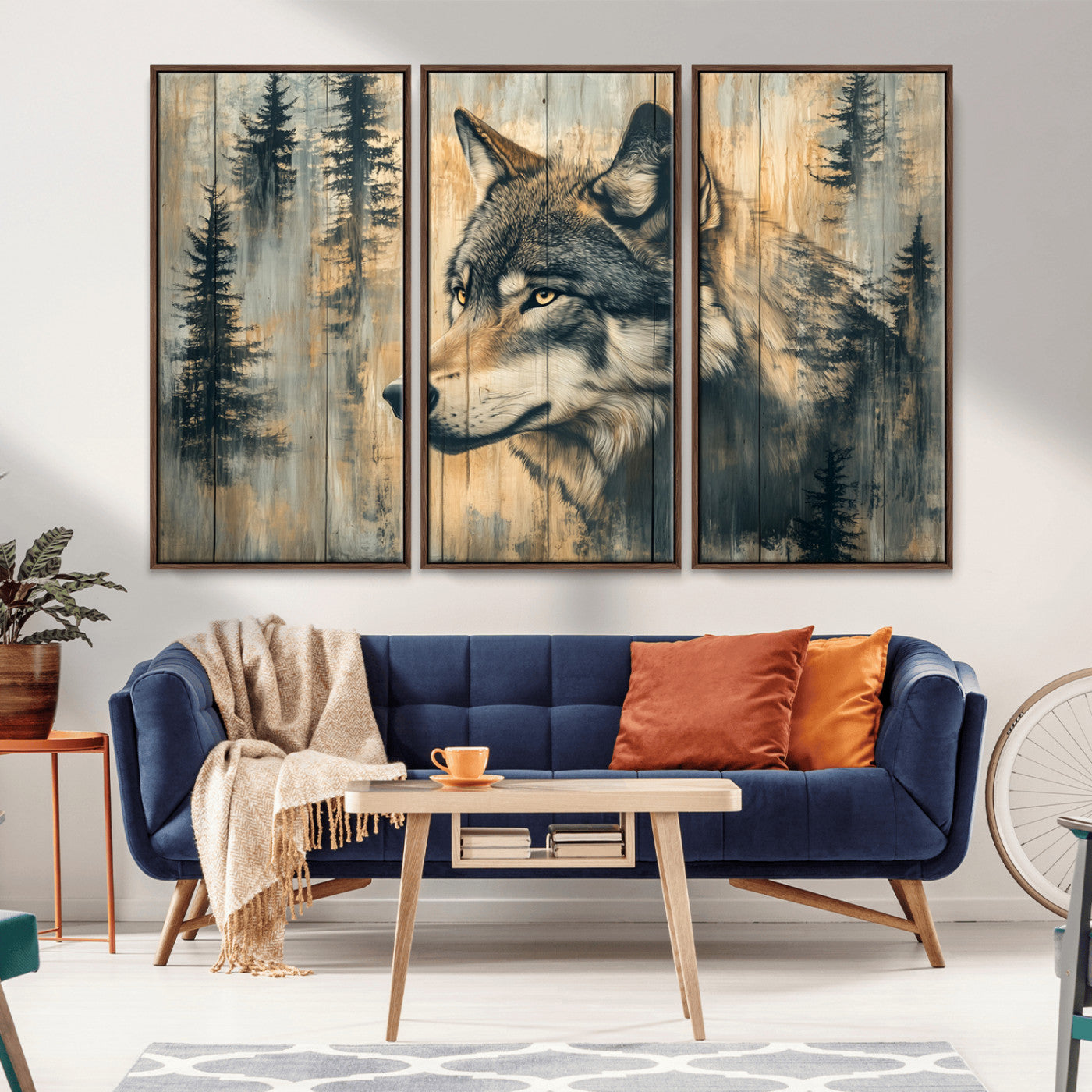 MGV-FC-48X32-3P - Wood Style Rustic Wolf Wall Art Canvas Print, Vintage Woodland Wolf Wall Art, Framed Wood Style Wolf