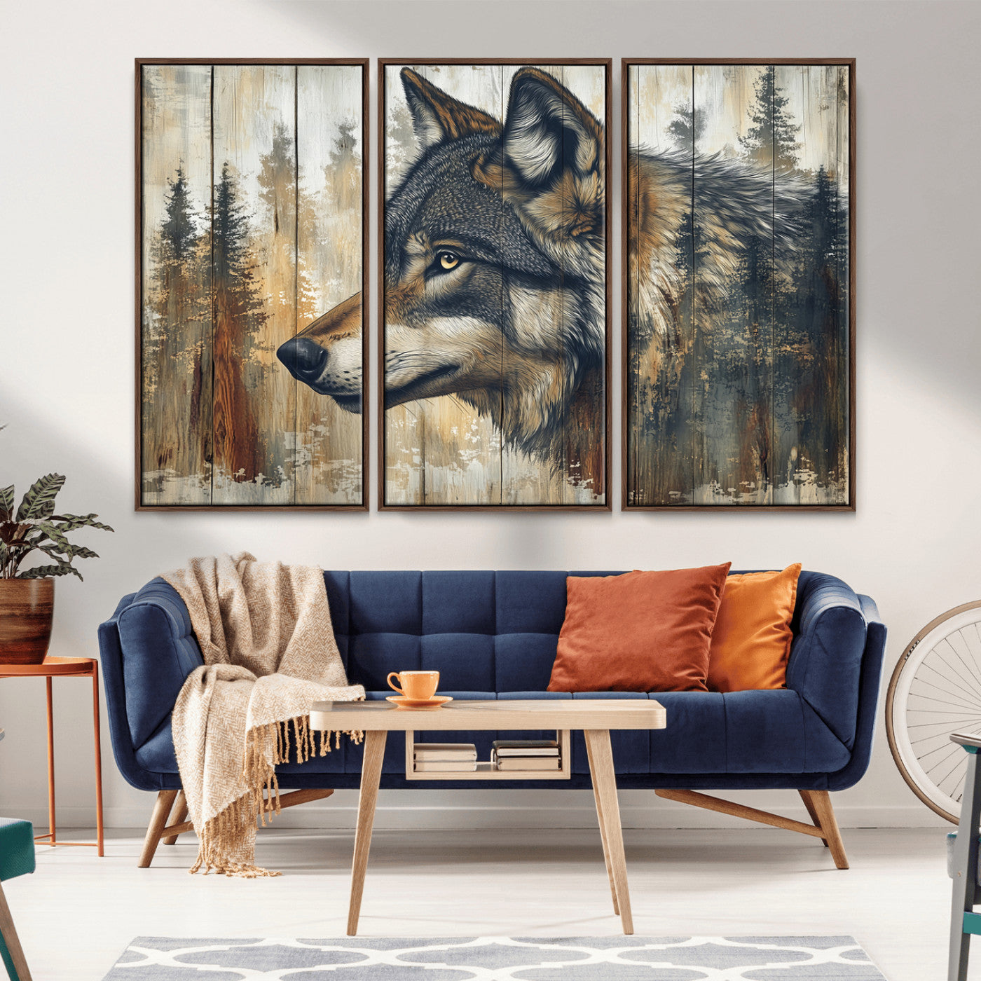 MGV-FC-48X32-3P - Rustic Wolf Wall Art Canvas Print, Vintage Woodland Wolf Wall Art