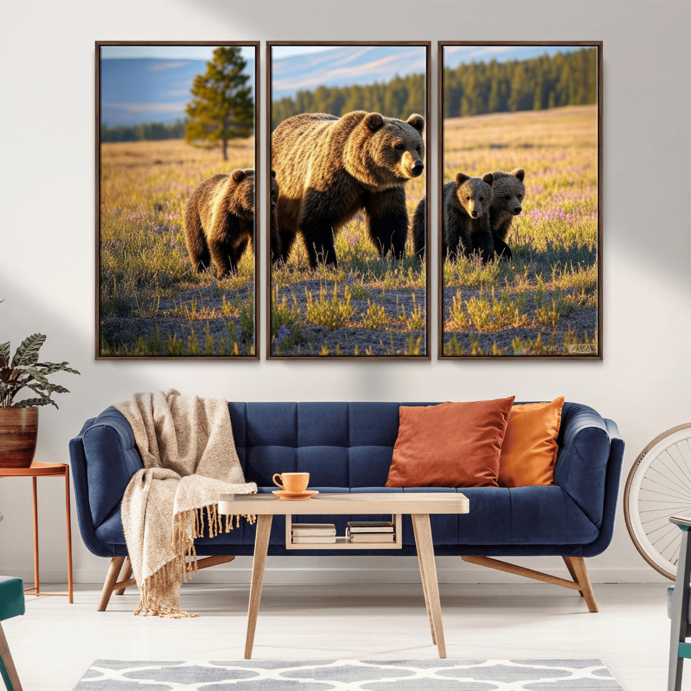 MGV-FC-48X32-3P - Grizzly 399 in Wild Flowers Wall Art Canvas Print, Grizzly Bears Wall Art, Queen of Grand Teton